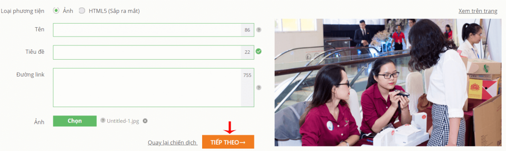 Bước 2: Cài nội dung quảng cáo. & Tiếp theo