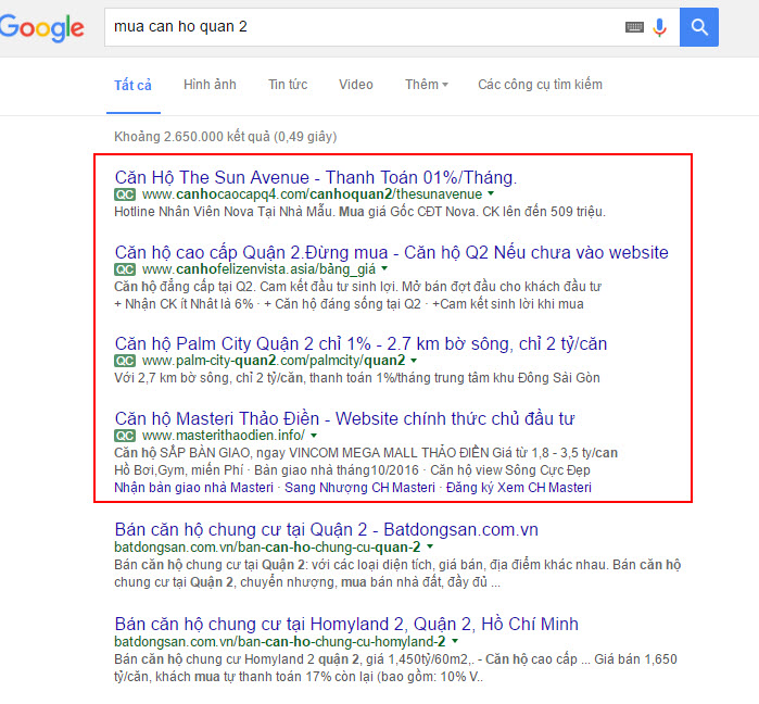 Quảng cáo Google Adwords của dự án bất động sản trên Google