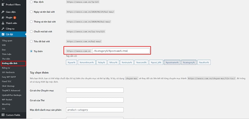 Cài đặt cấu trúc URL trong website wordpress
