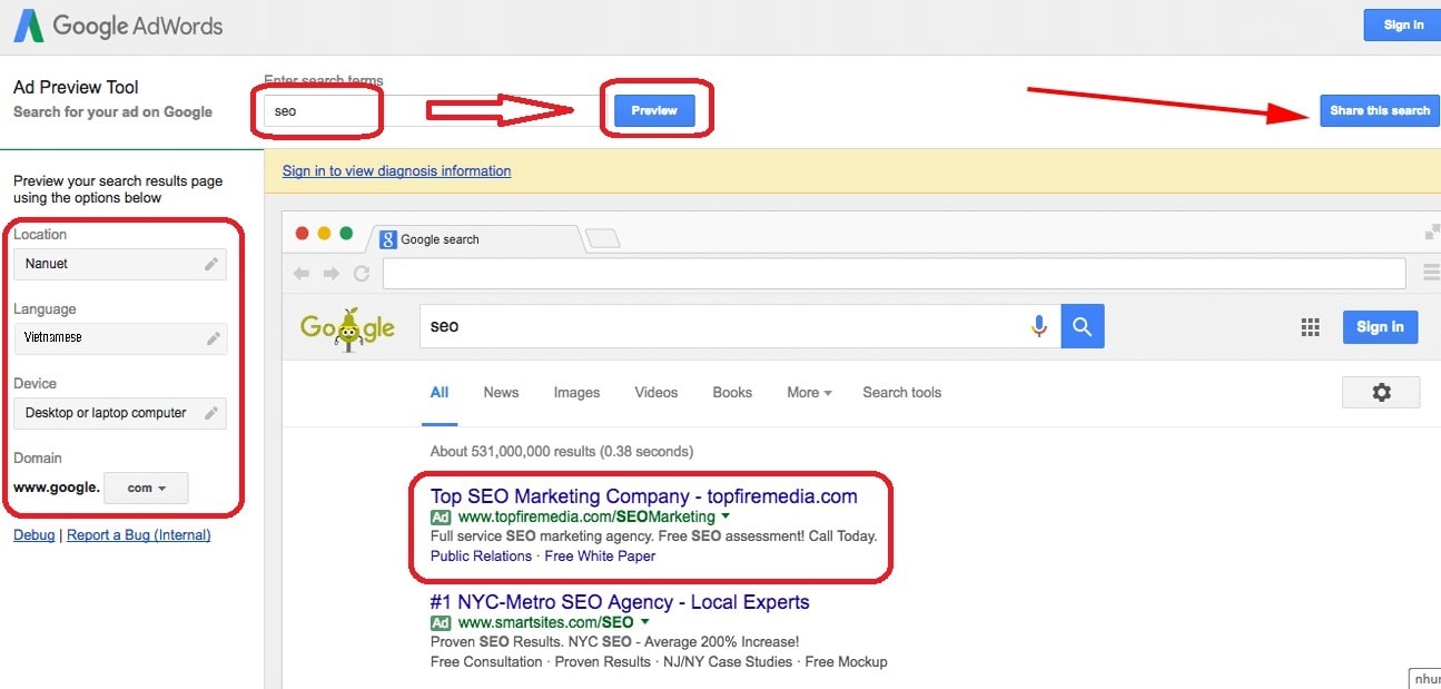Công cụ xem trước và chẩn đoán quảng cáo Google tìm kiếm