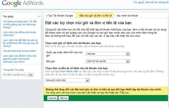 Những tham số không thể thay đổi sau khi tạo tài khoản Google Ads.