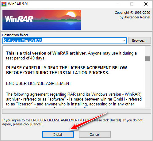 Chọn Install để bắt đầu cài đặt WinRAR
