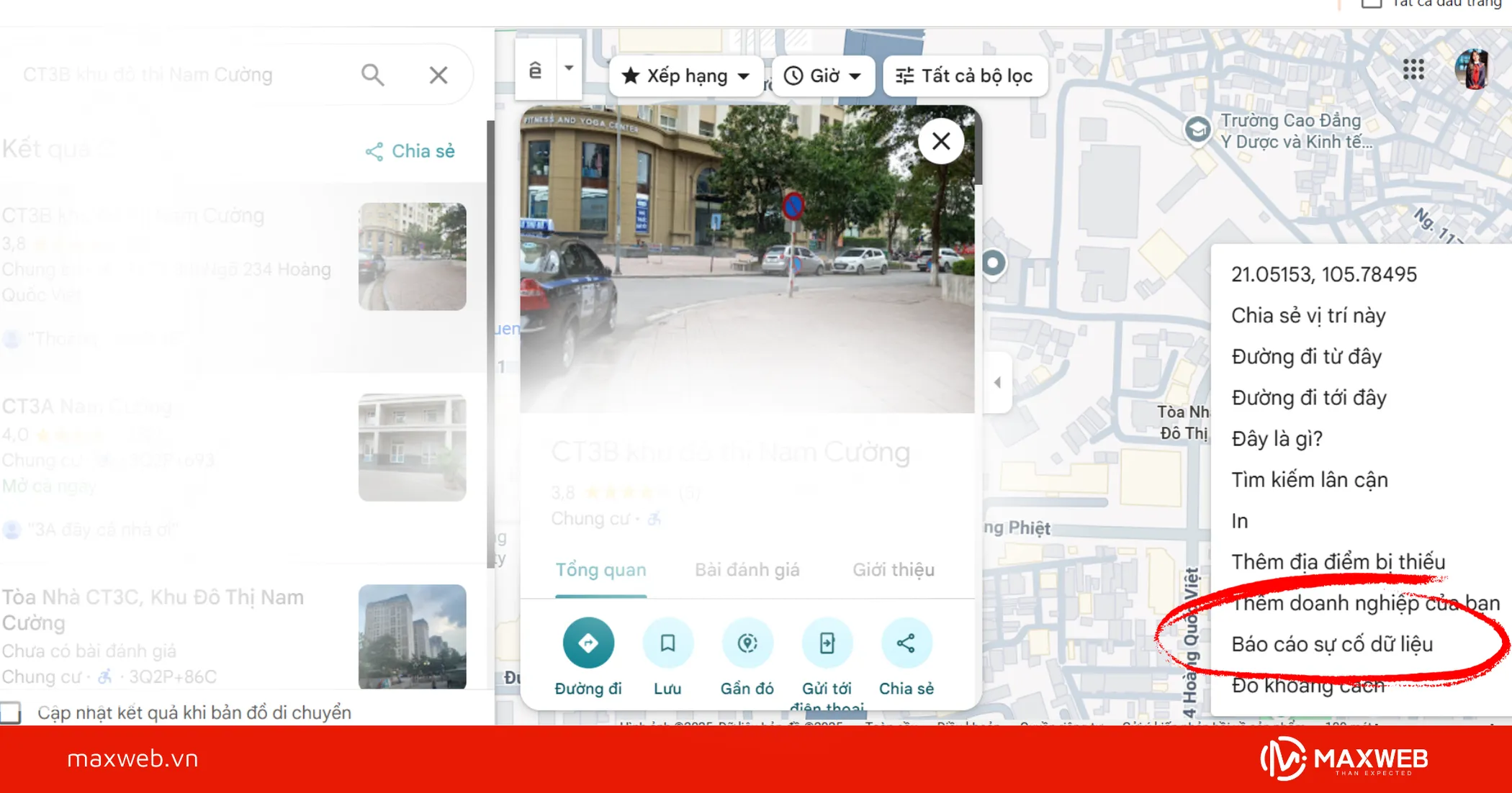 Chọn báo cáo sự cố dữ liệu trên Google map