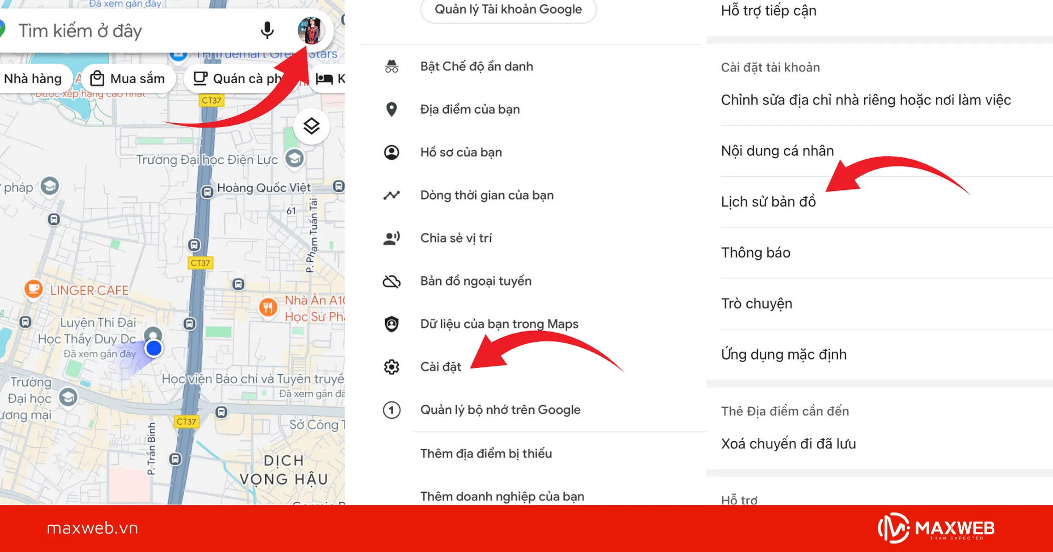 Chọn ảnh, cài đặt, lịch sử bản đồ