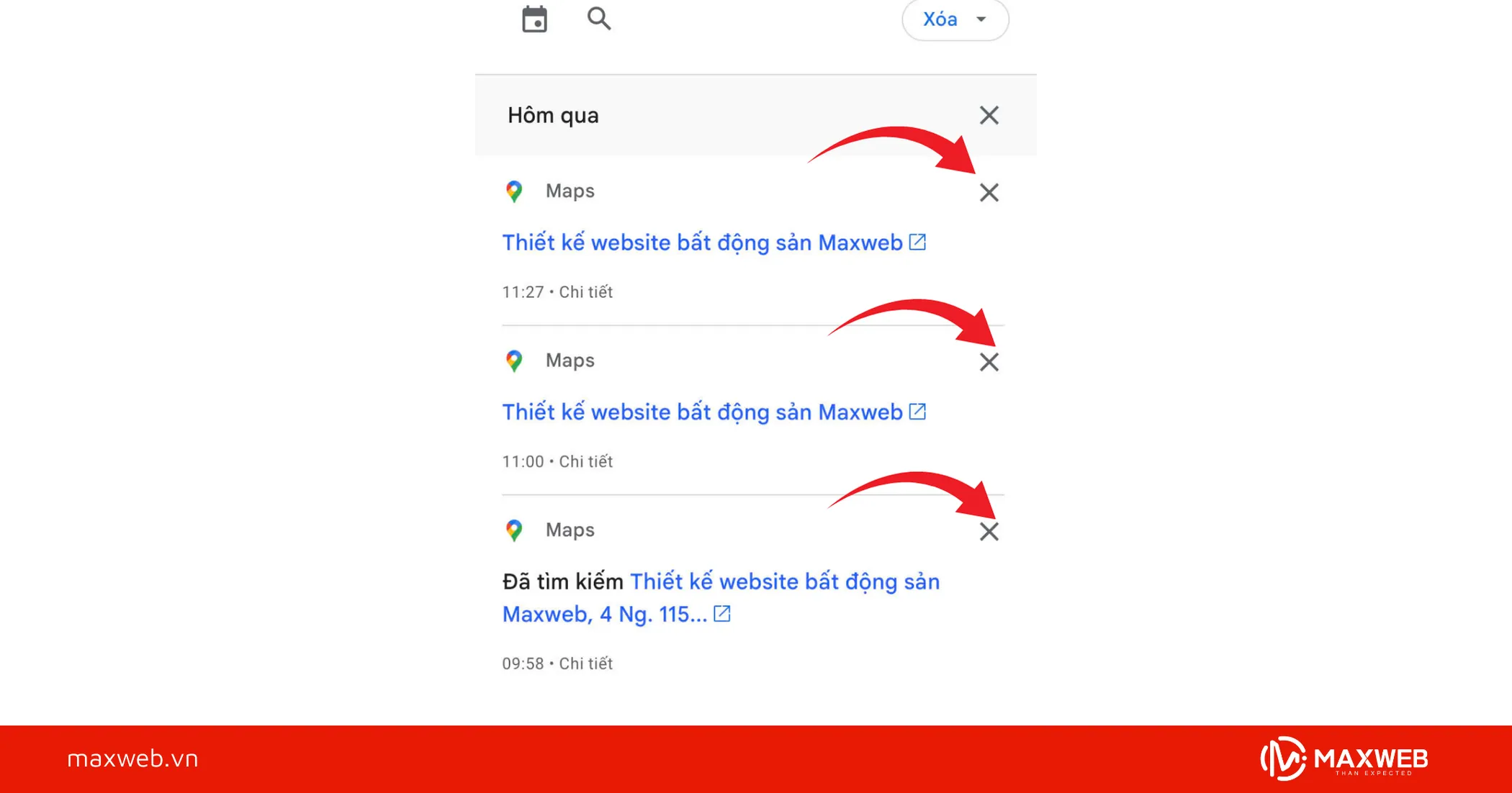 Xóa từng mục tìm kiếm trên Google map
