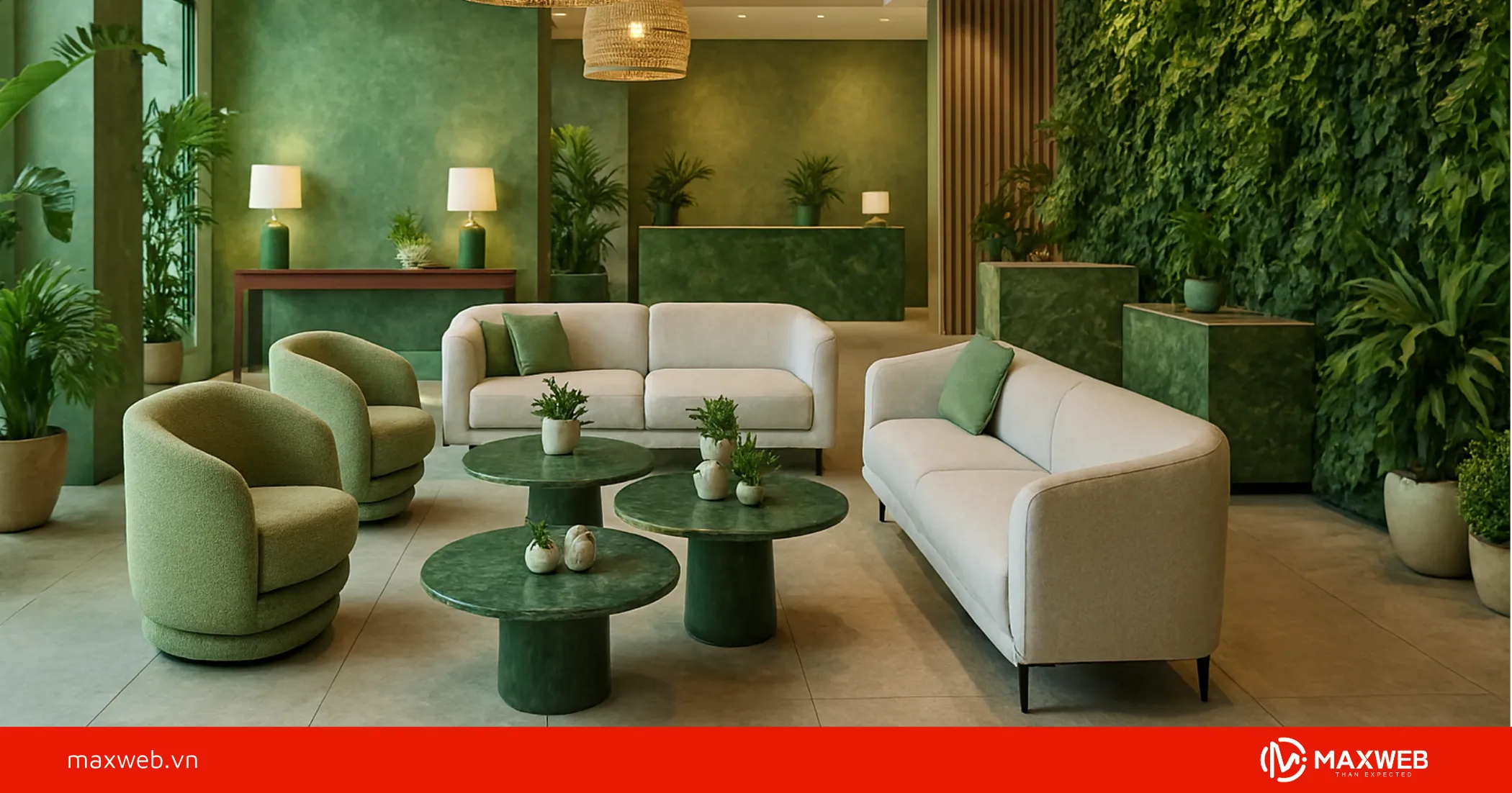Trang trí decor sảnh khách sạn phong cách xanh