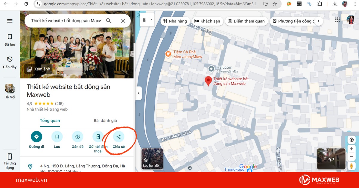 Truy cập vào Google map và chọn chia sẻ