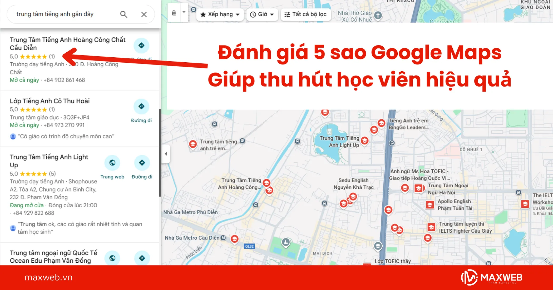 Đánh giá 5 sao Google Maps giúp trung tâm tiếng anh thu hút học viên hiệu quả