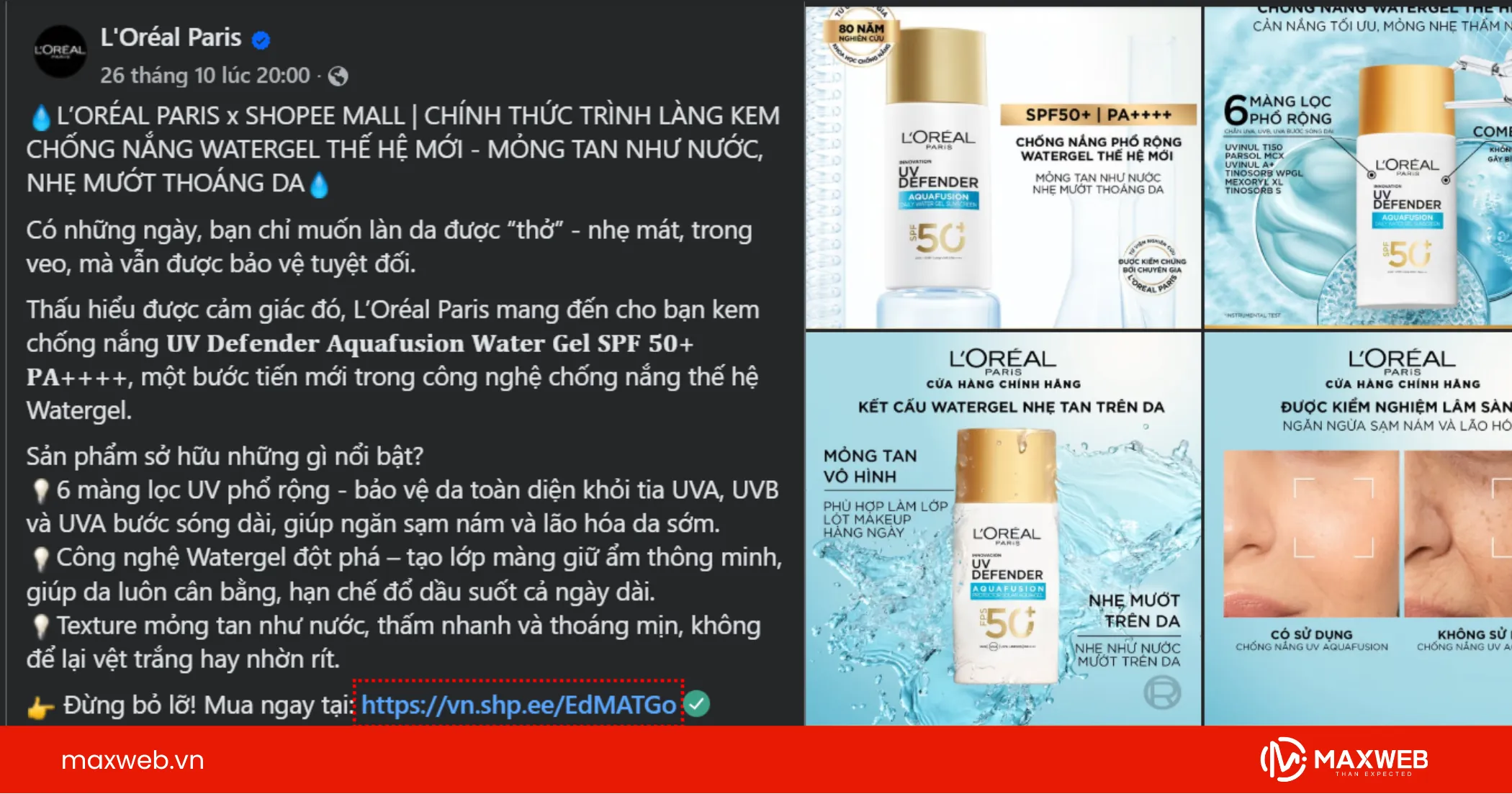 Content bán mỹ phẩm chống nắng L'oreal