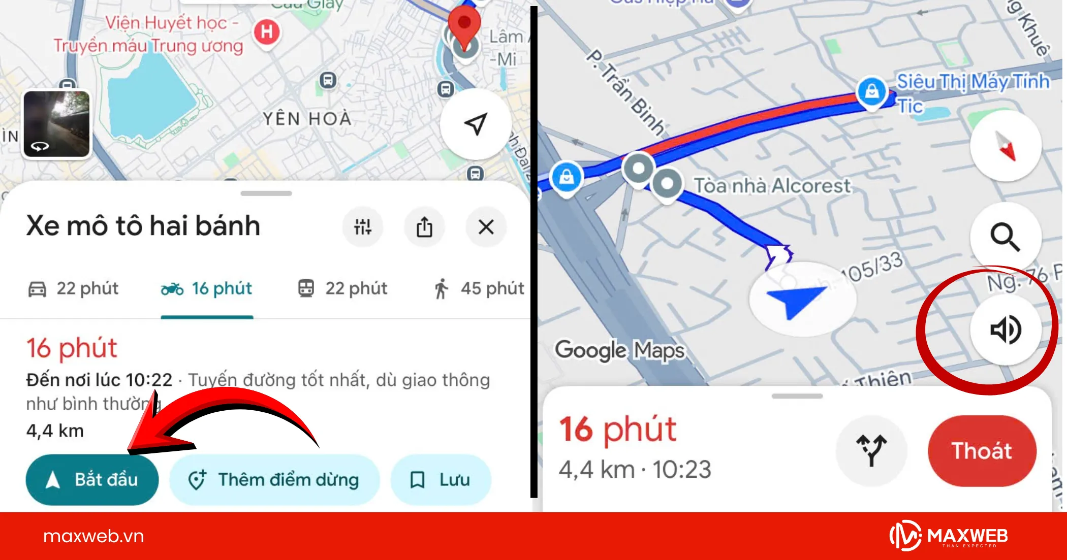 Nhấn chỉ đường và bắt đầu di chuyển