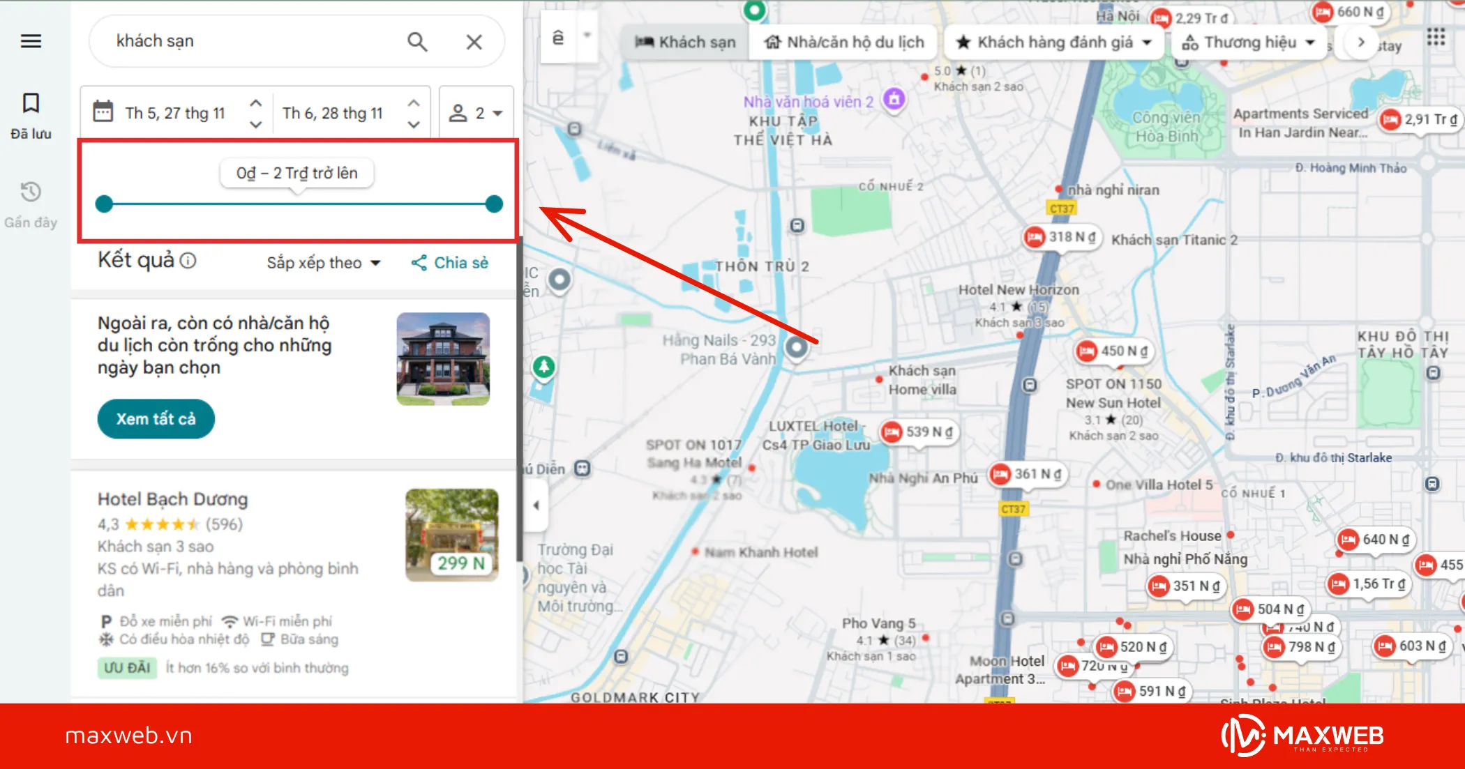 Bước 3: Lọc khách sạn theo giá, tiện nghi, số sao, khoảng cách