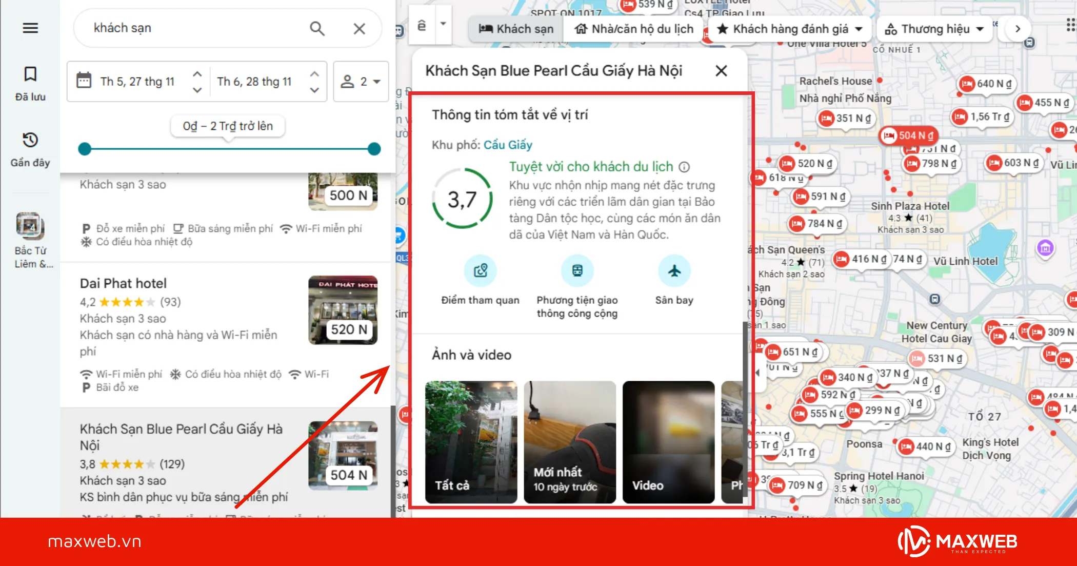 Bước 4: Xem chi tiết: ảnh, review, giá phòng, tiện ích