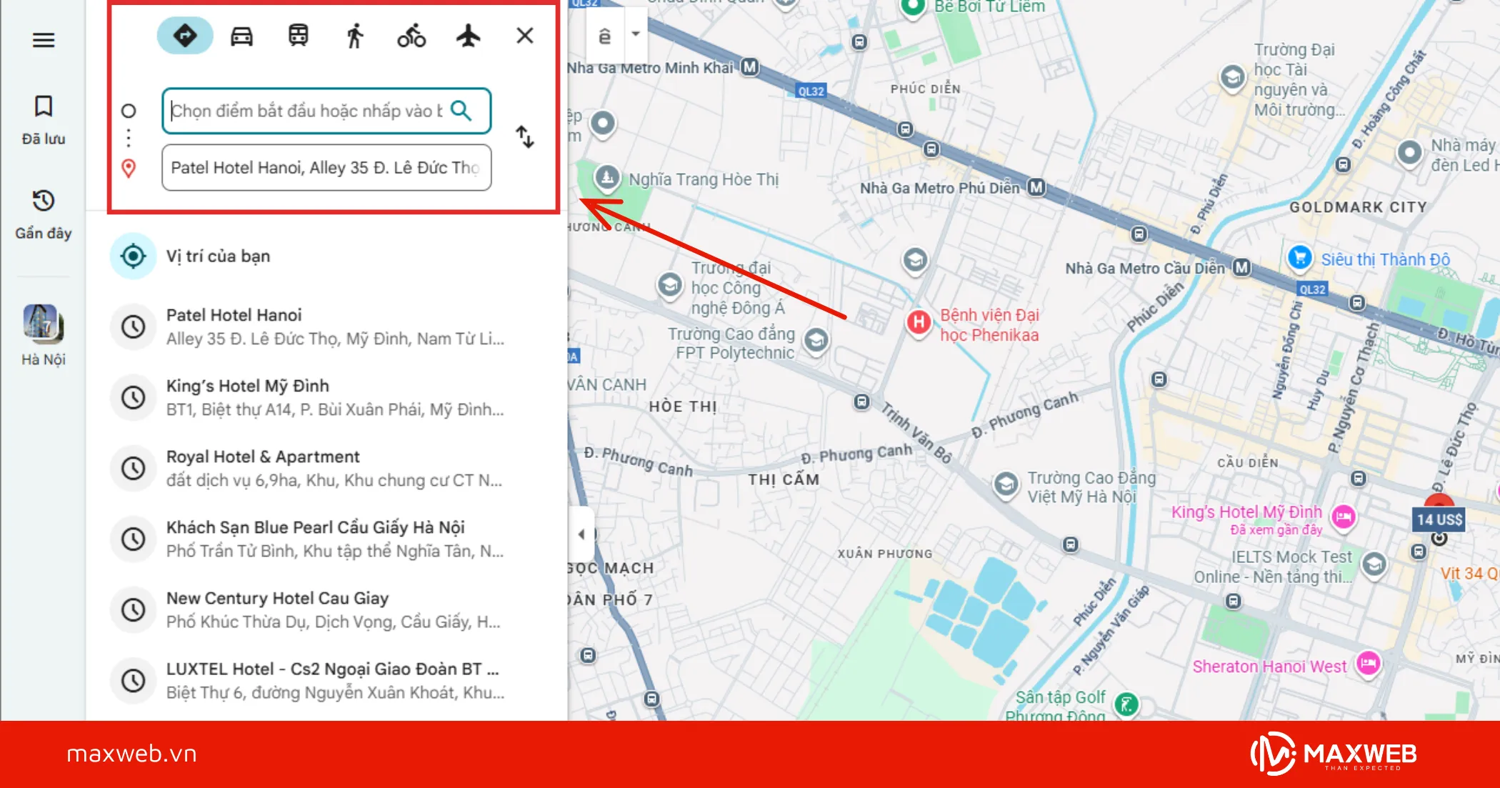 Bước 7: Nhấn dẫn đường và chọn chế độ di chuyển phù hợp