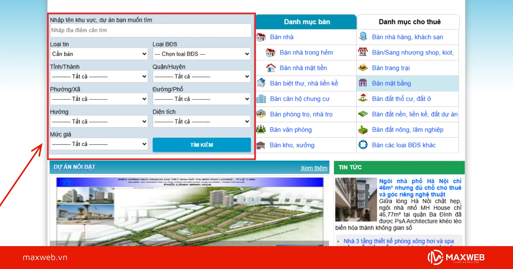Chức năng tìm kiếm bất động sản thông minh
