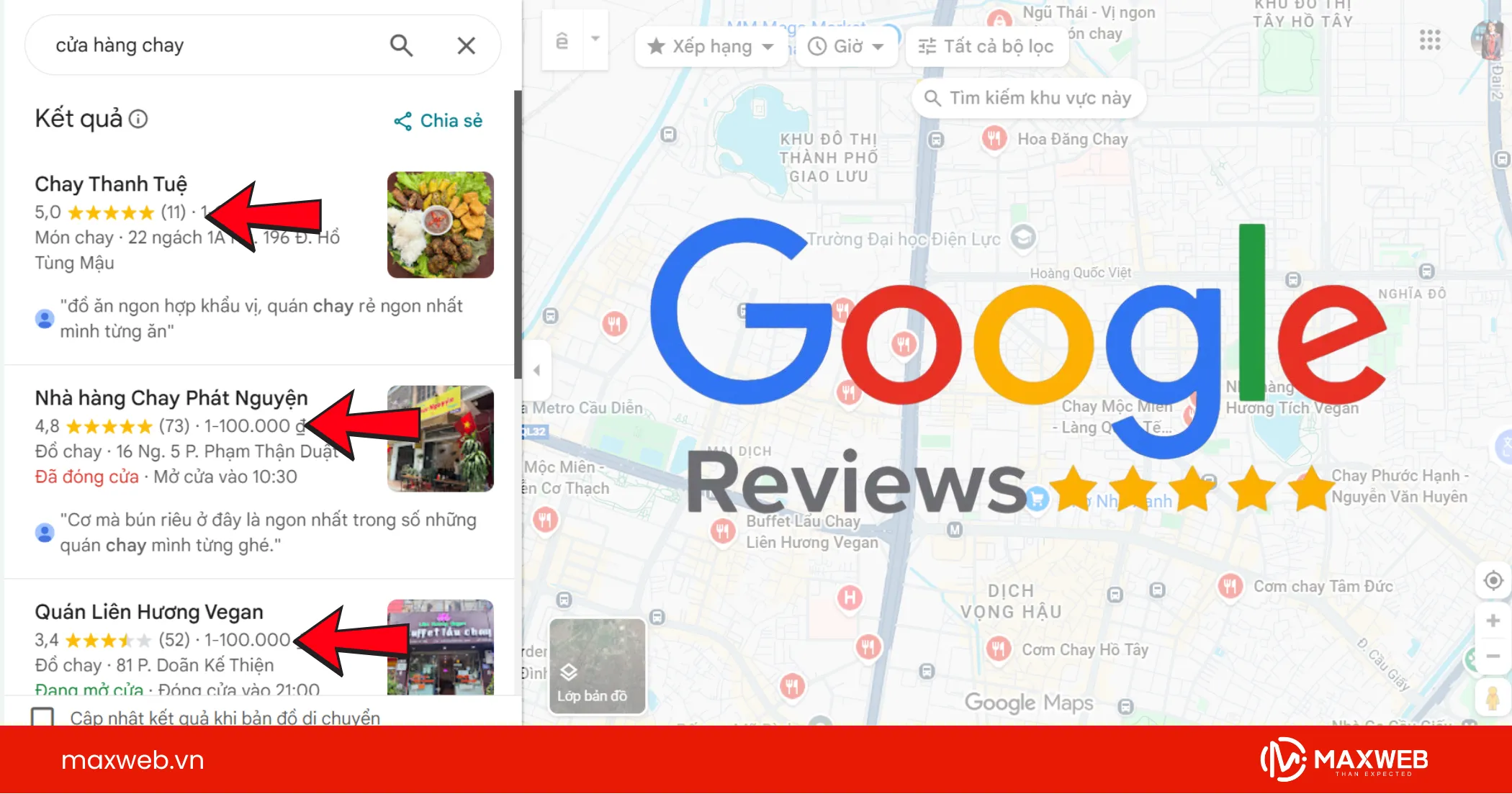 tăng uy tín cửa hàng chay cùng dịch vụ Review Map Maxweb