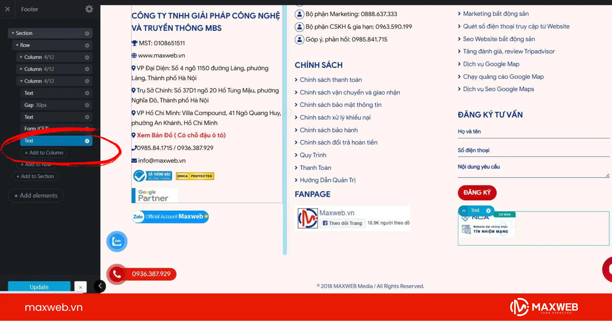 Bước 2 thêm cột vào hàng ở mục Row