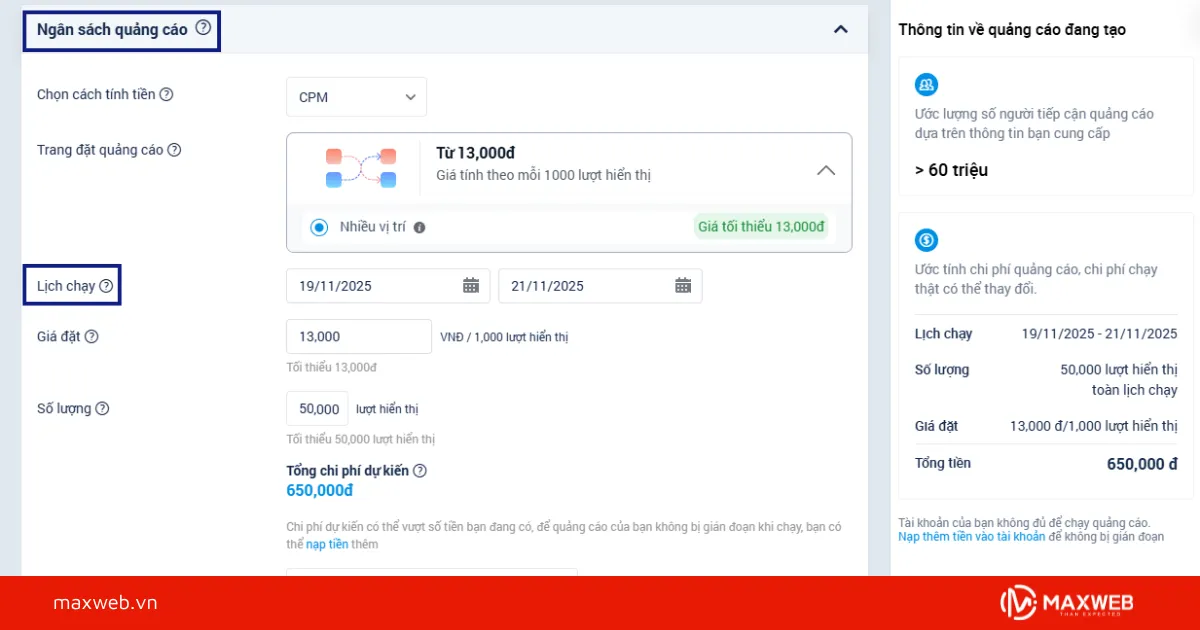 Bước 4: Thiết lập ngân sách và lịch chạy quảng cáo