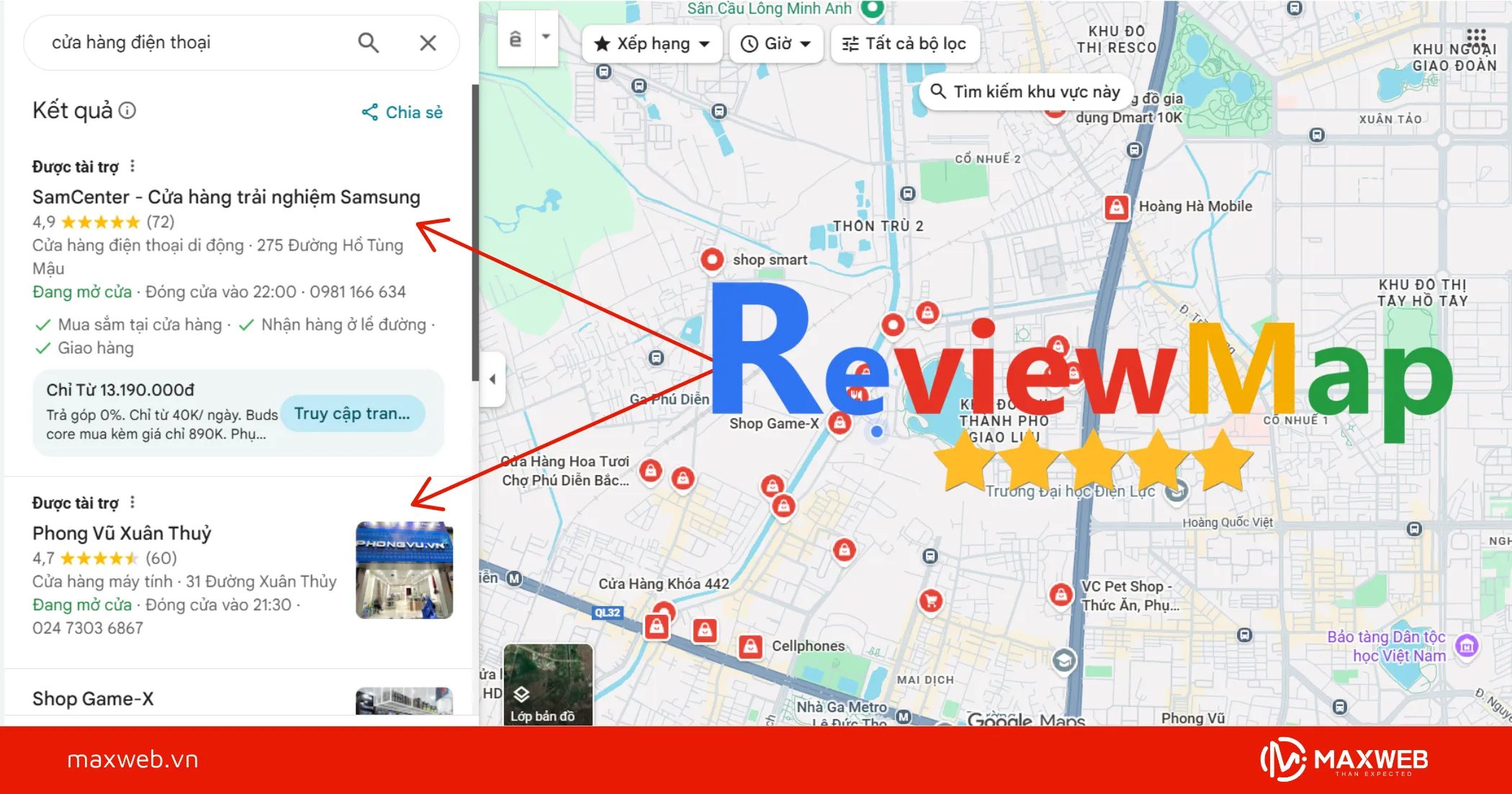 Review Map tại Maxweb giúp cửa hàng điện thoại tăng uy tín trên Google Map