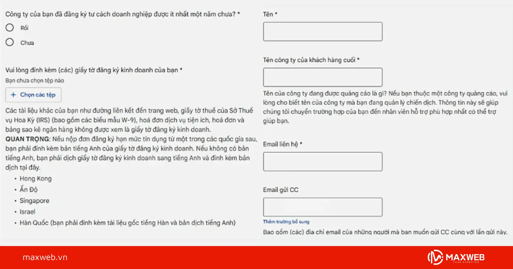 Bước 5: Điền biểu mẫu đăng ký Google Ads Invoice