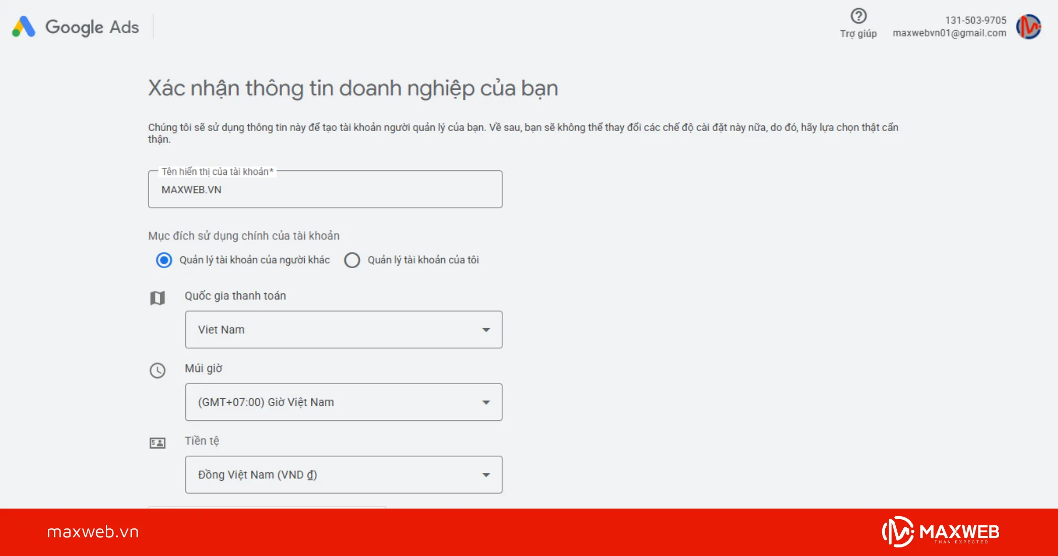 Điền thông tin doanh nghiệp và đặt tên tài khoản MCC