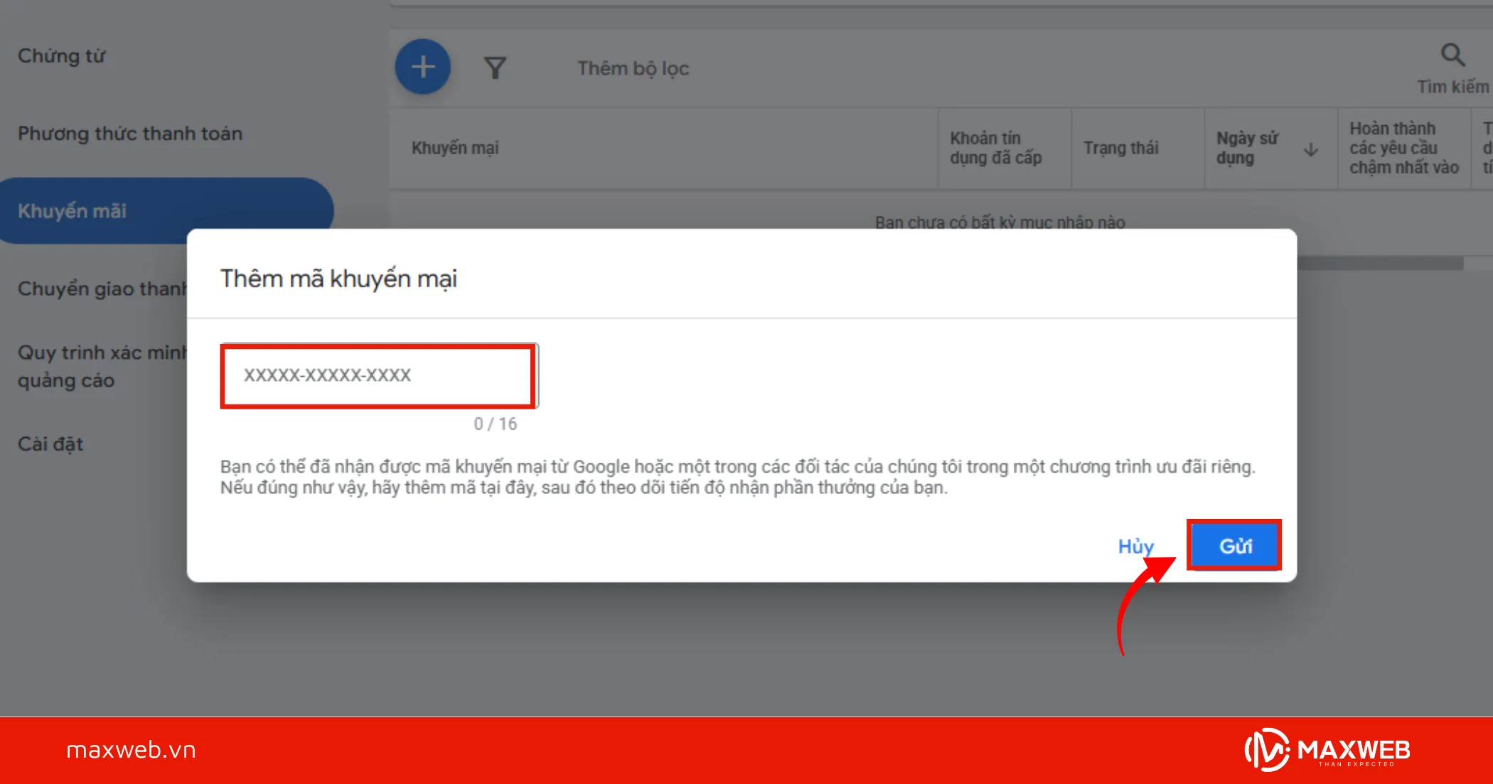 Bước 3: Nhập mã vào ô “Mã khuyến mãi”