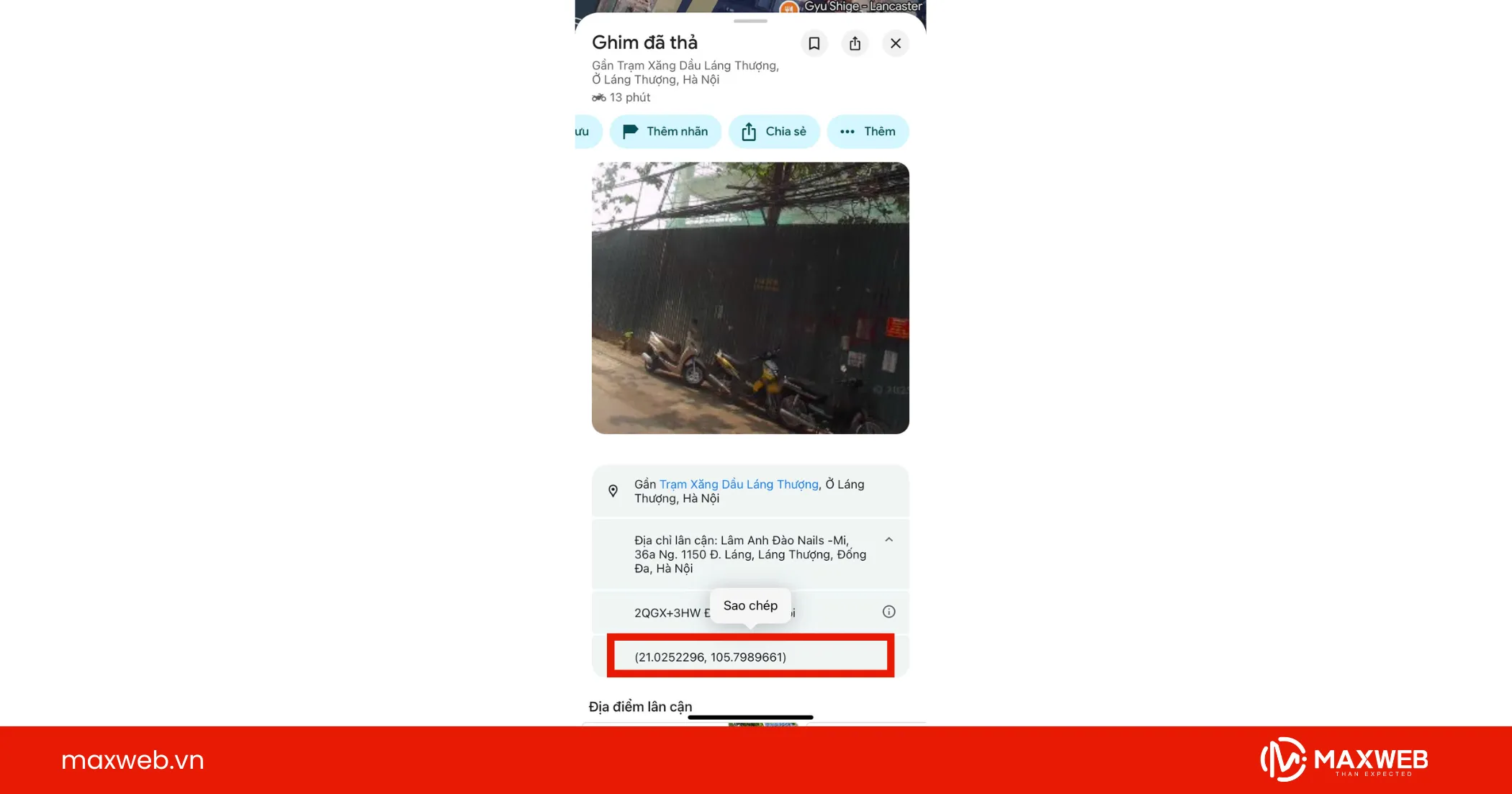 Sao chép tọa độ để sử dụng