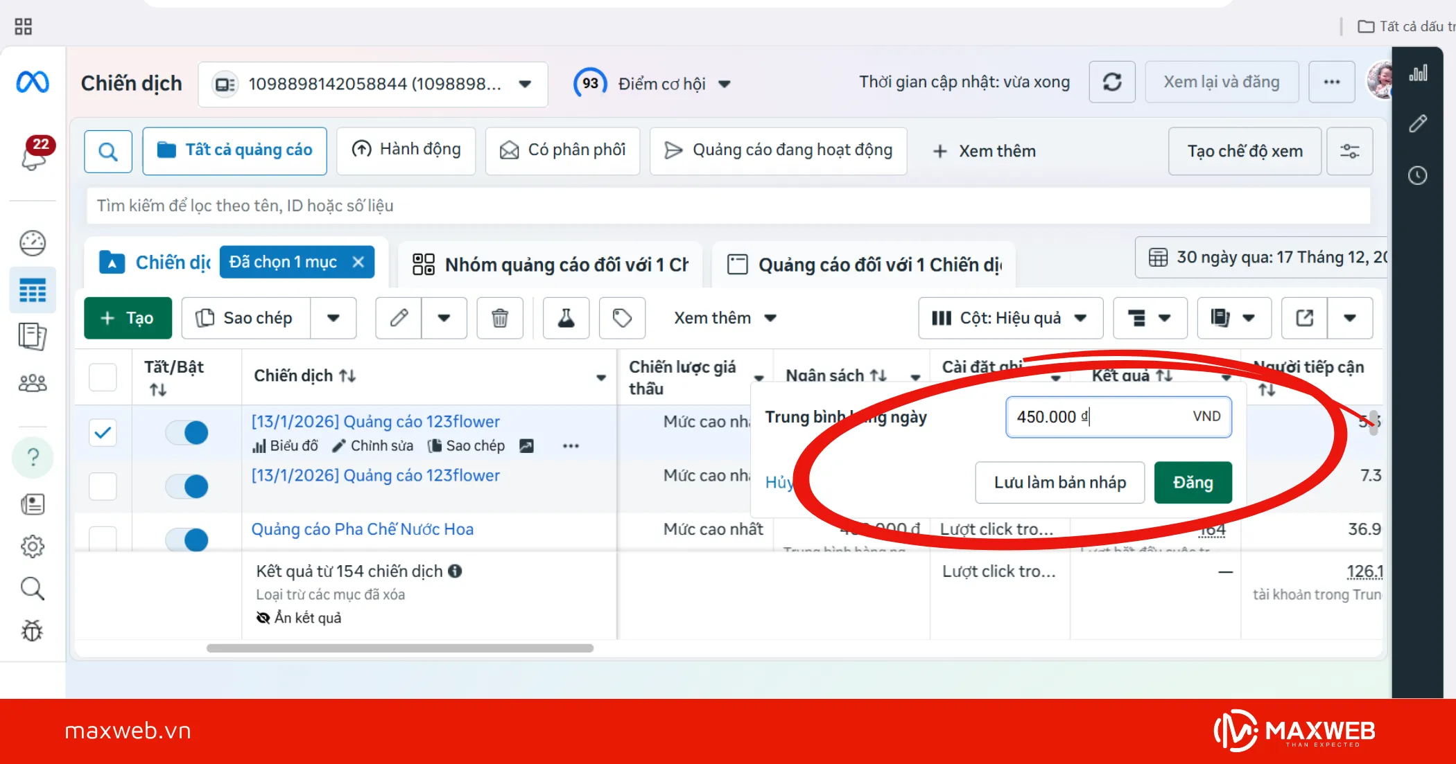 Nhấp vào "Đăng" để lưu thay đổi ngân sách