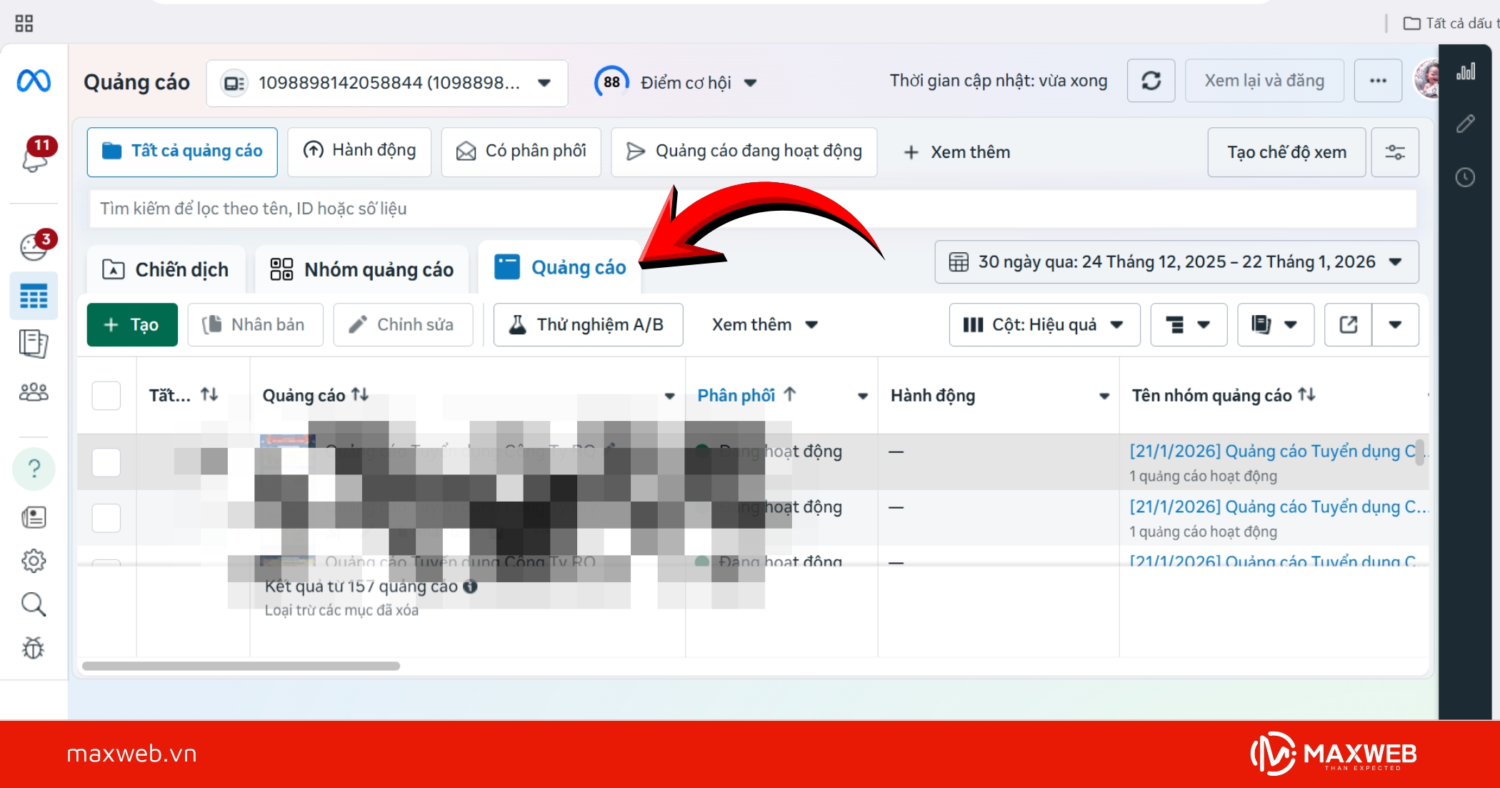 Chọn cấp độ quảng cáo cần lấy ID