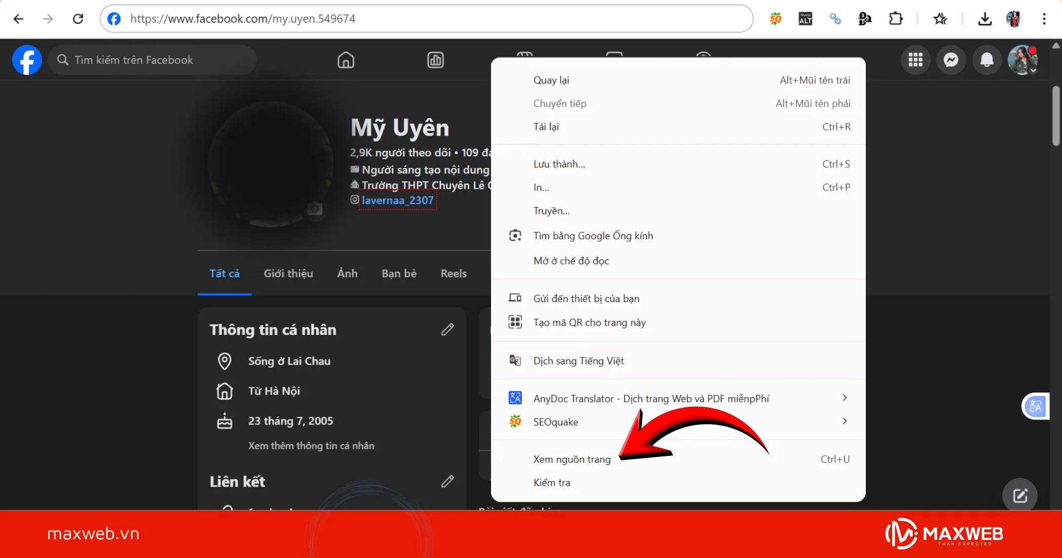 Bước 2: Mở nguồn trang Facebook