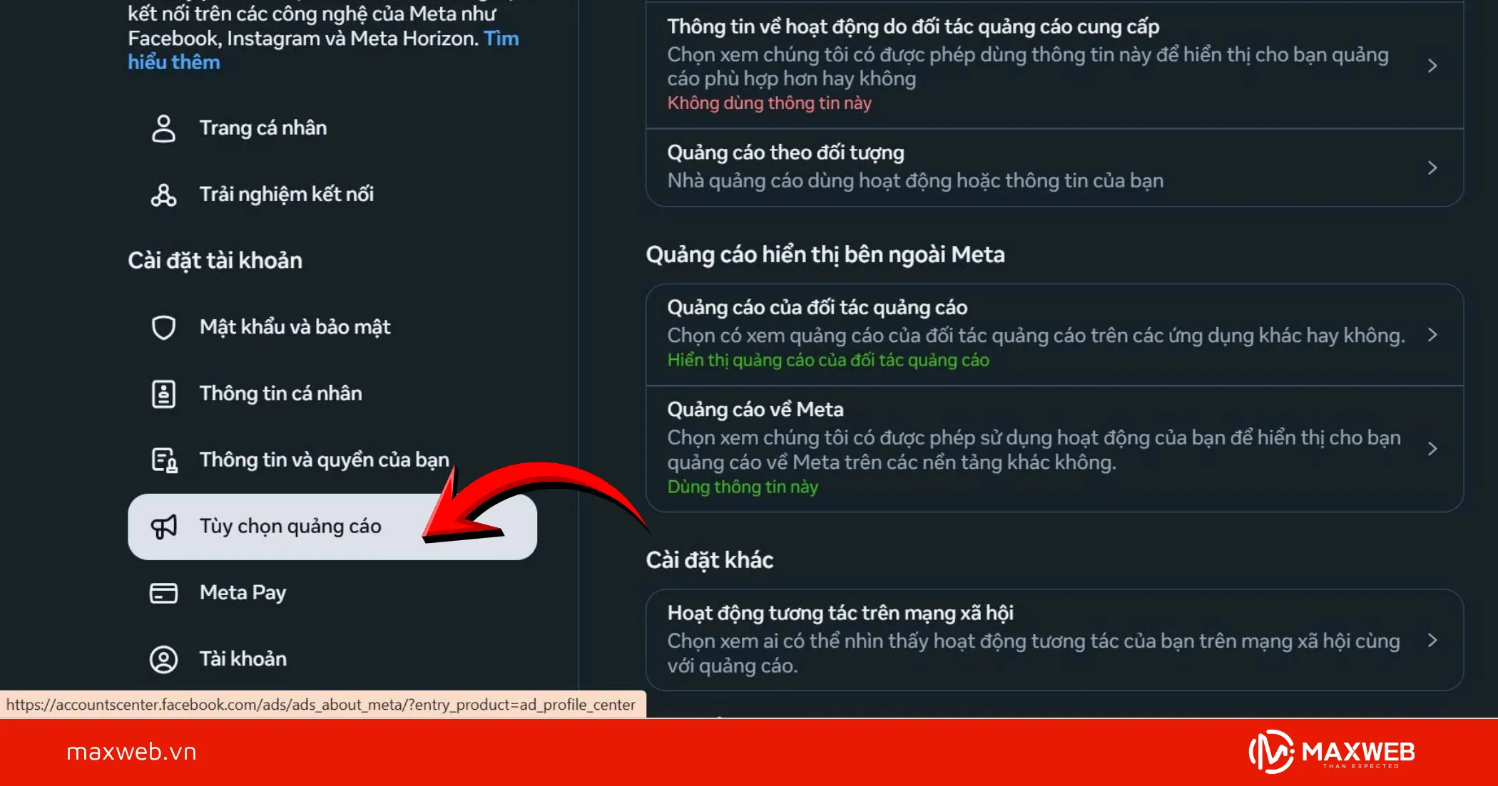 Kéo xuống "tùy chọn quảng cáo" trong meta