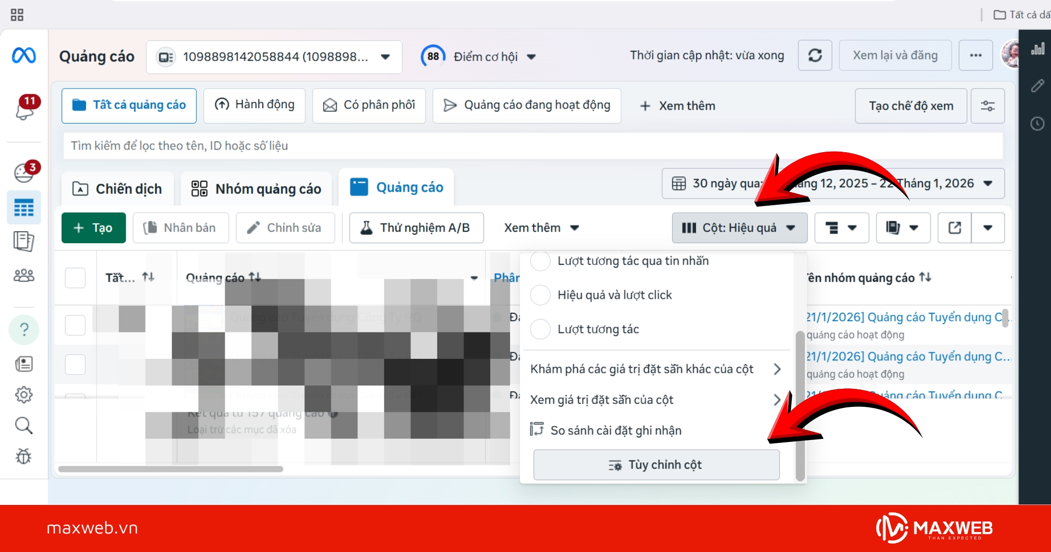 Mở tính năng Cột tùy chỉnh