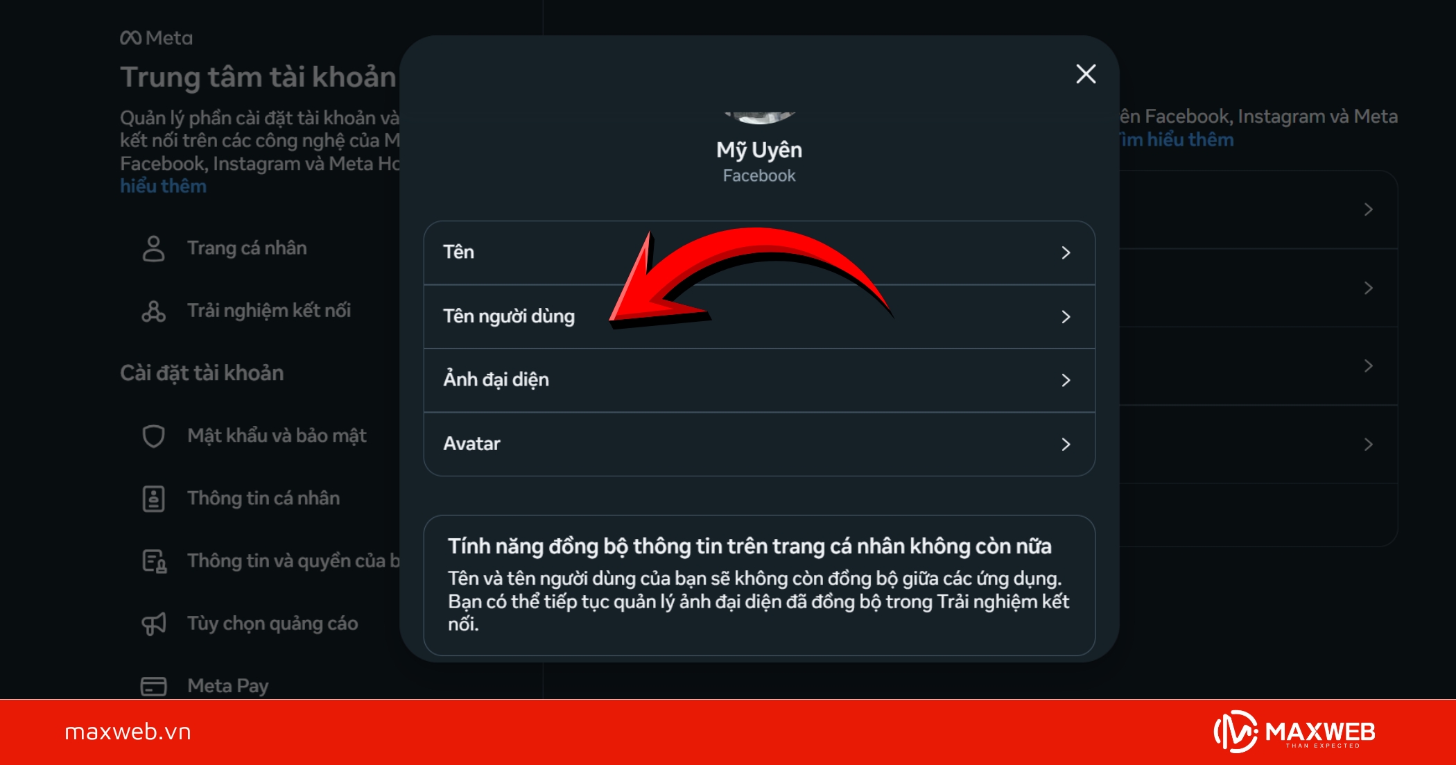Chọn tên người dùng và đổi ID Facebook