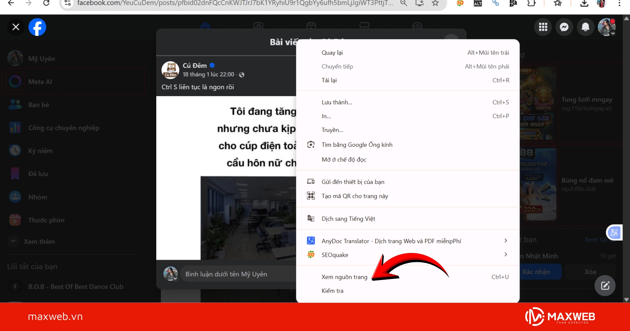 Mở bài viết Facebook cần lấy ID