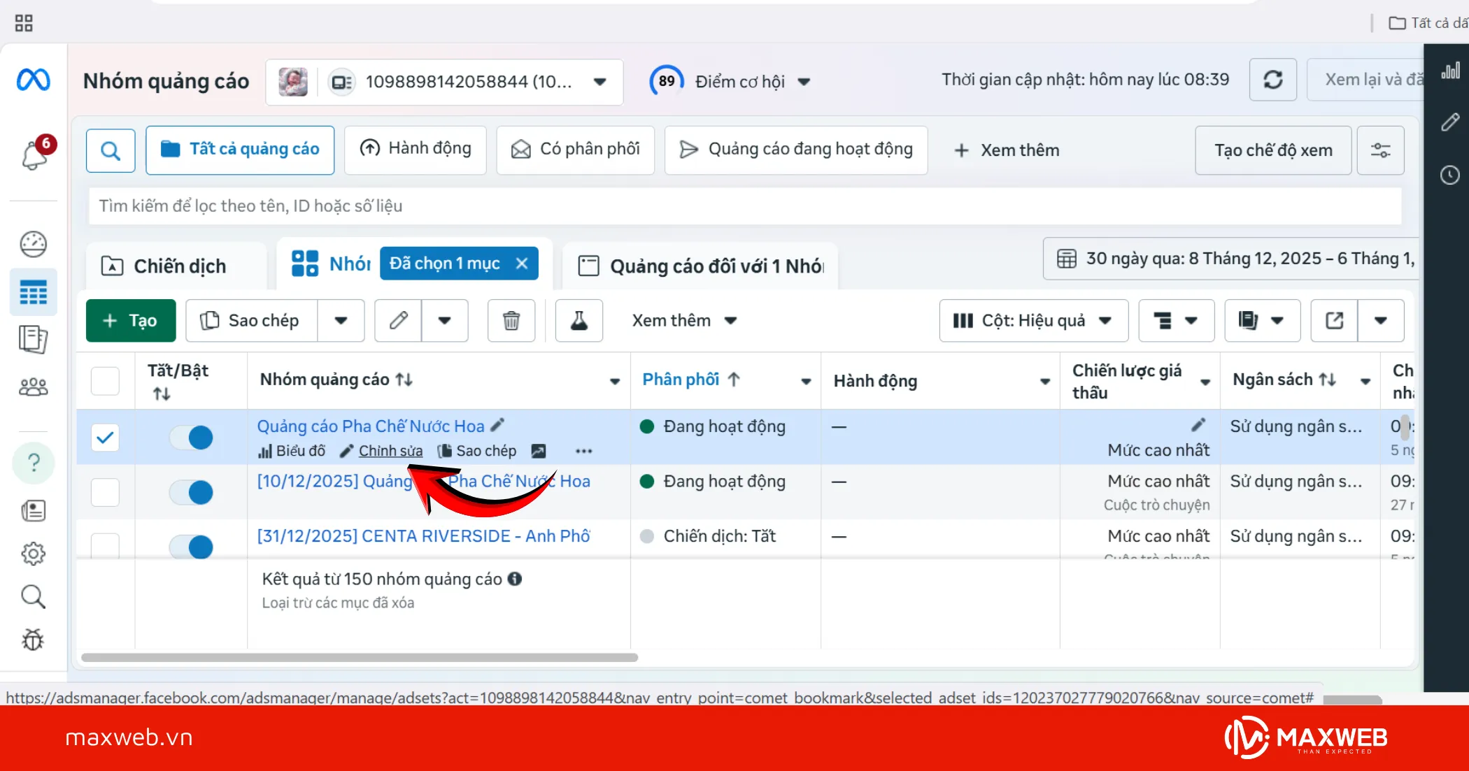 Chọn quảng cáo cần chỉnh sửa