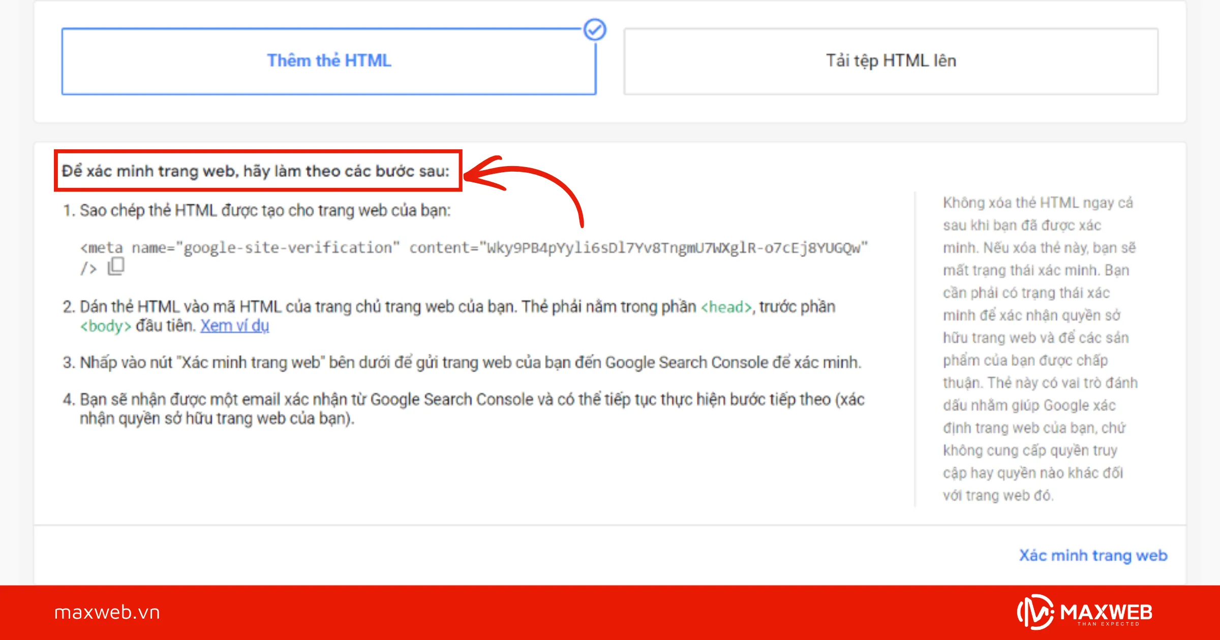 Bước 2: Xác minh và xác nhận quyền sở hữu website