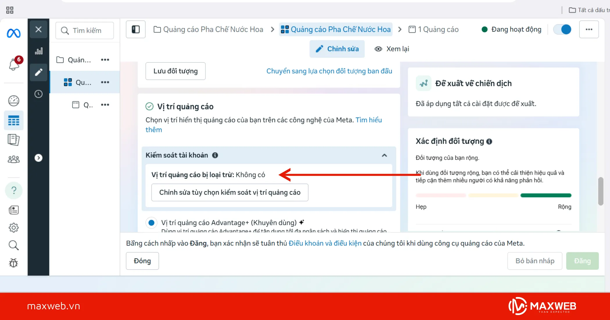 Kéo xuống cuối trang để chỉnh sửa vị trí quảng cáo Facebook