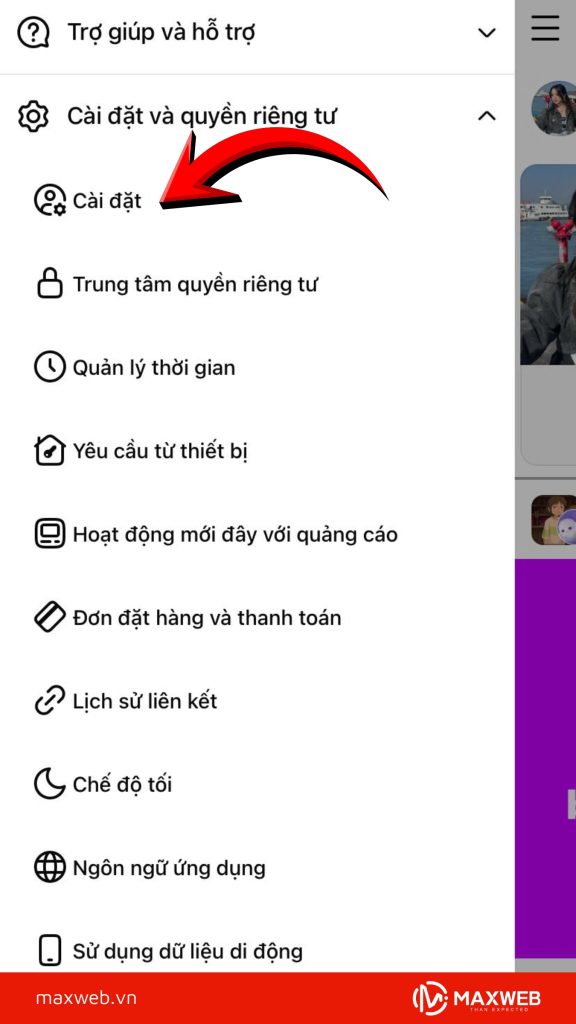 Vào phần Cài đặt