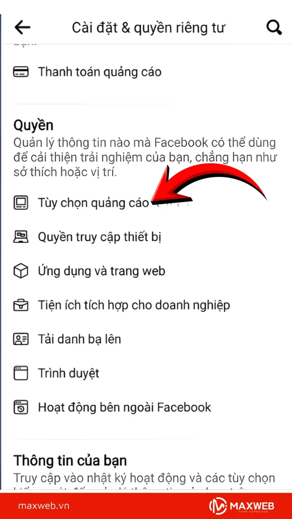 Chọn "tùy chọn quảng cáo"
