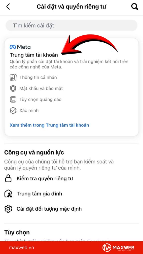 Mở Trung tâm tài khoản