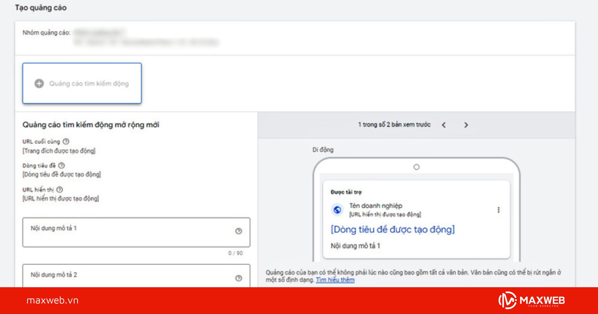 Bước 5: Tạo quảng cáo tìm kiếm động