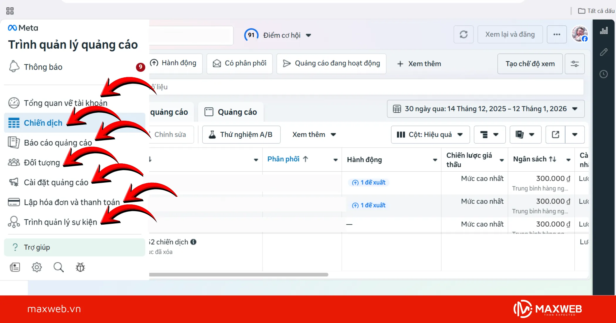 Các mục trong thanh menu trình quản lý quảng cáo