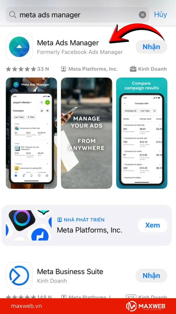 Tìm kiếm ứng dụng Meta Ads Manager và tiến hành cài đặt