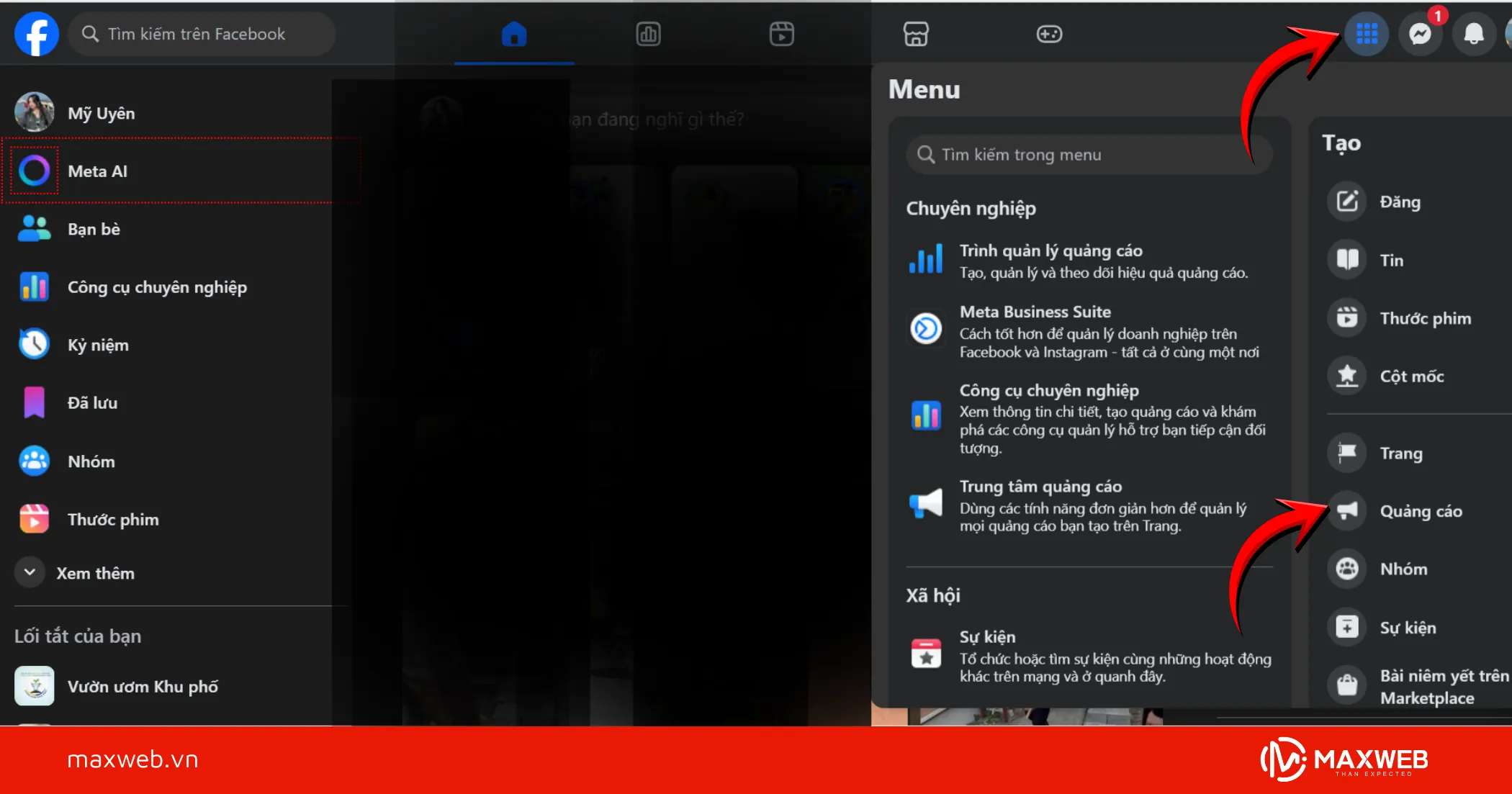 Vào menu quảng cáo