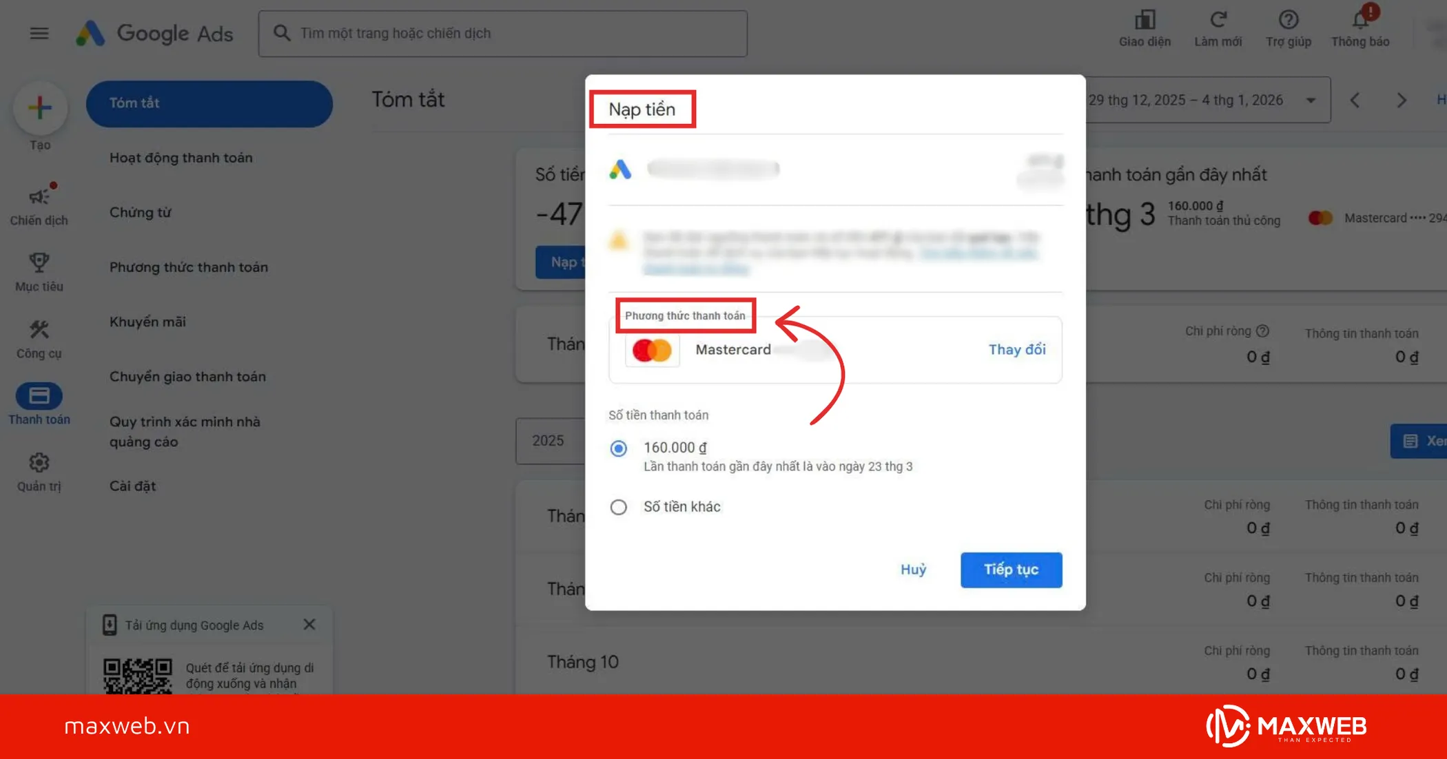 Bước 3: Chọn phương thức thanh toán Google Ads