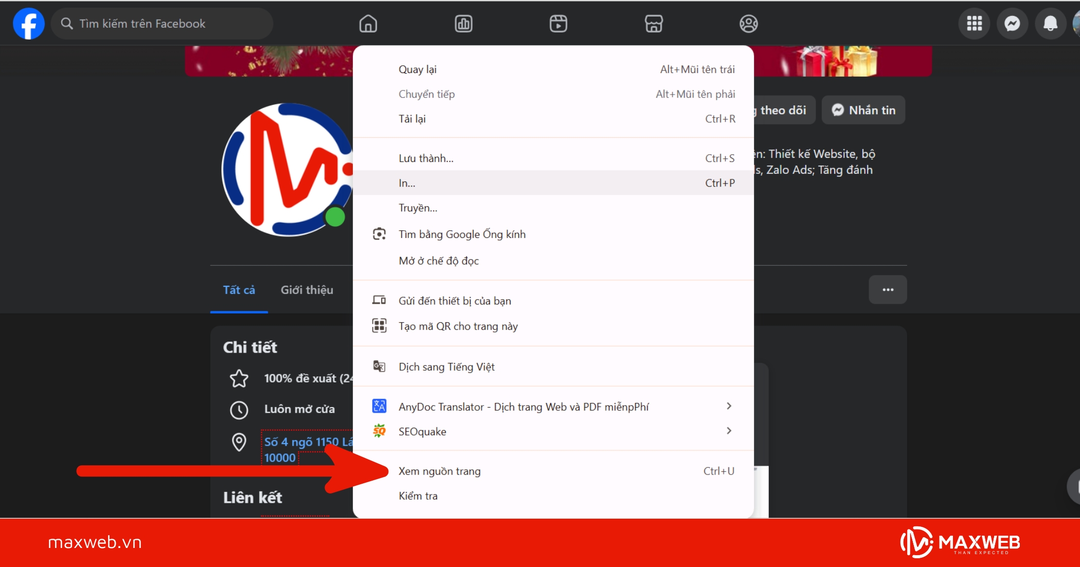 Nhấn chuột phải xem nguồn trang