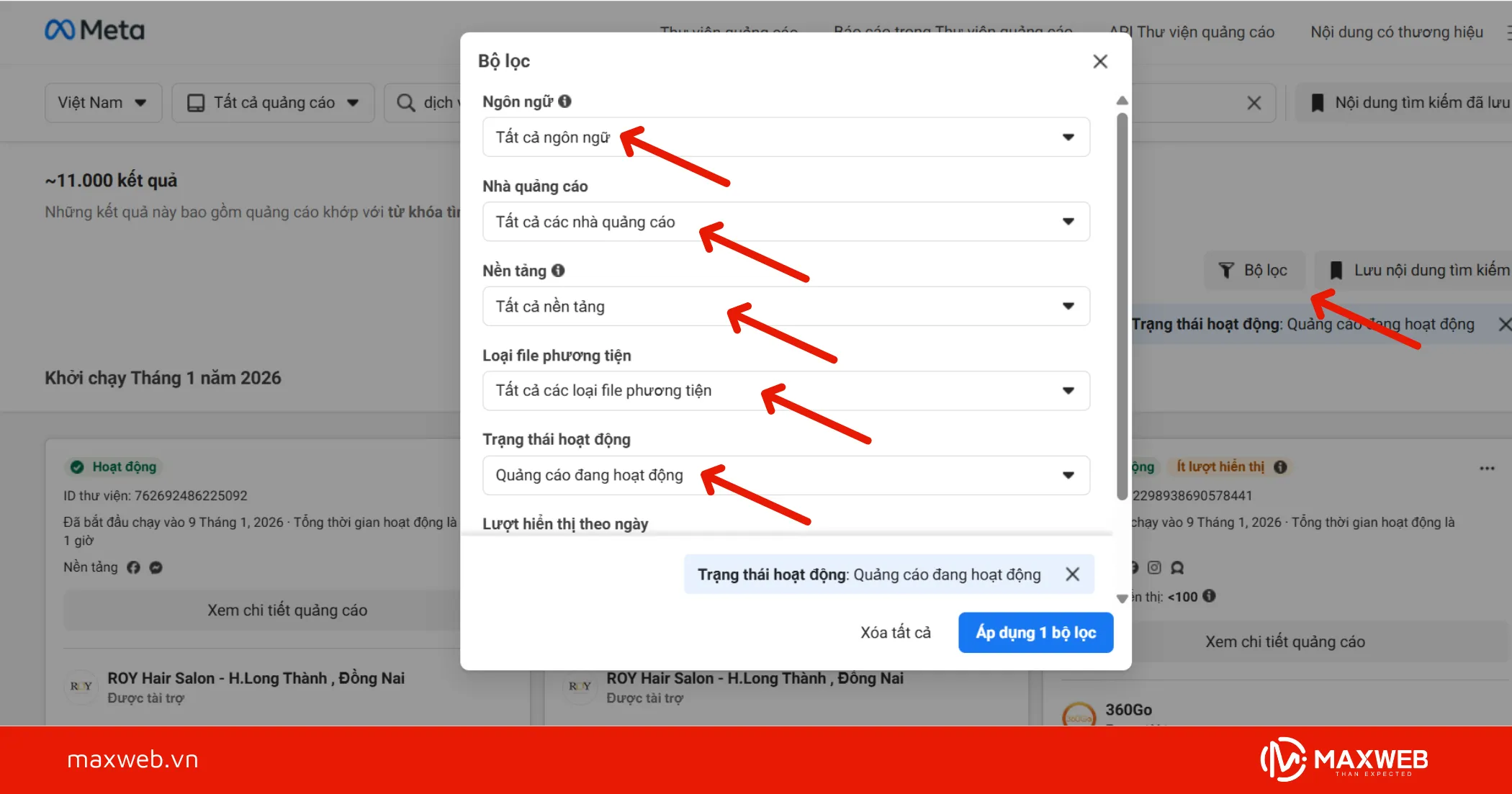 Lọc kết quả và xem quảng cáo