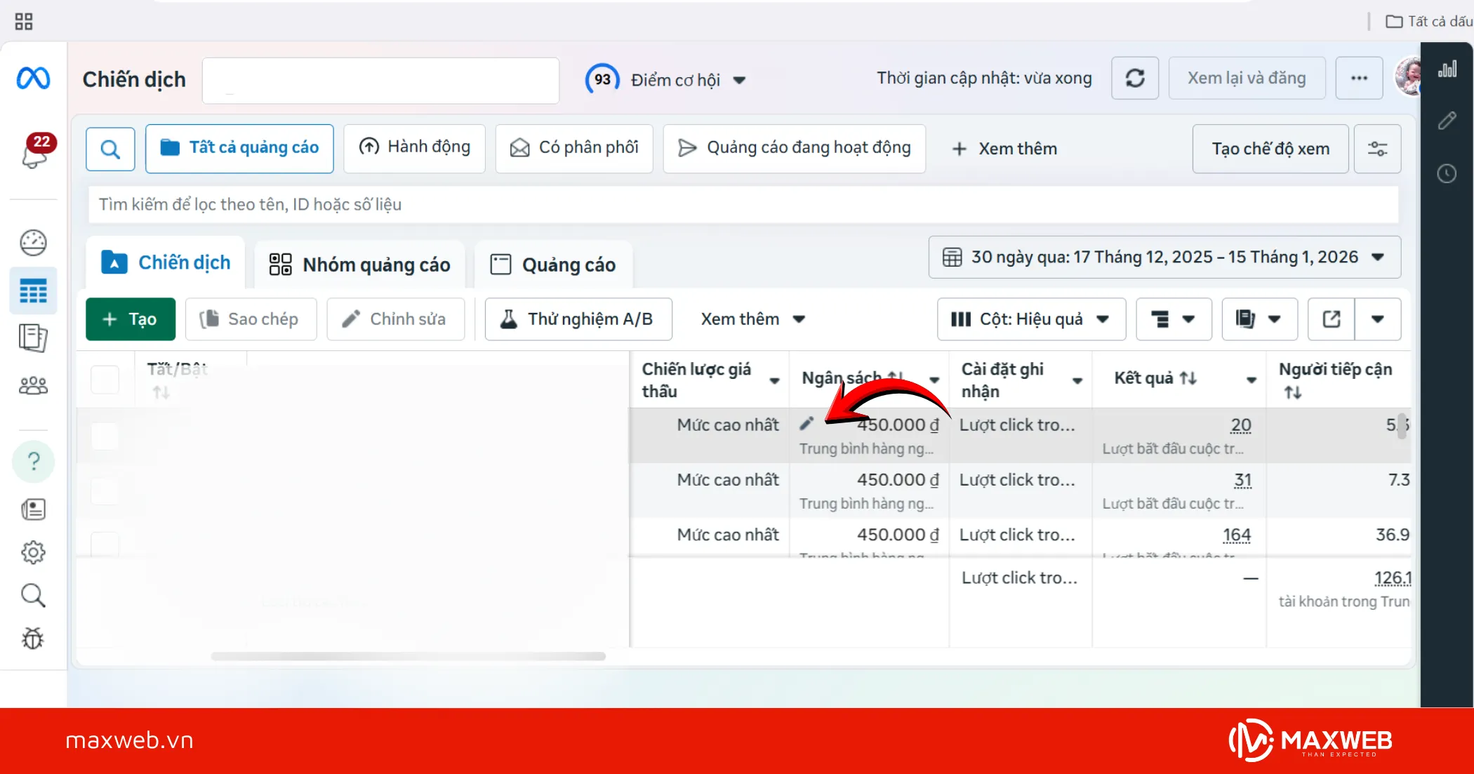 Nhấp vào Chỉnh sửa ngân sách