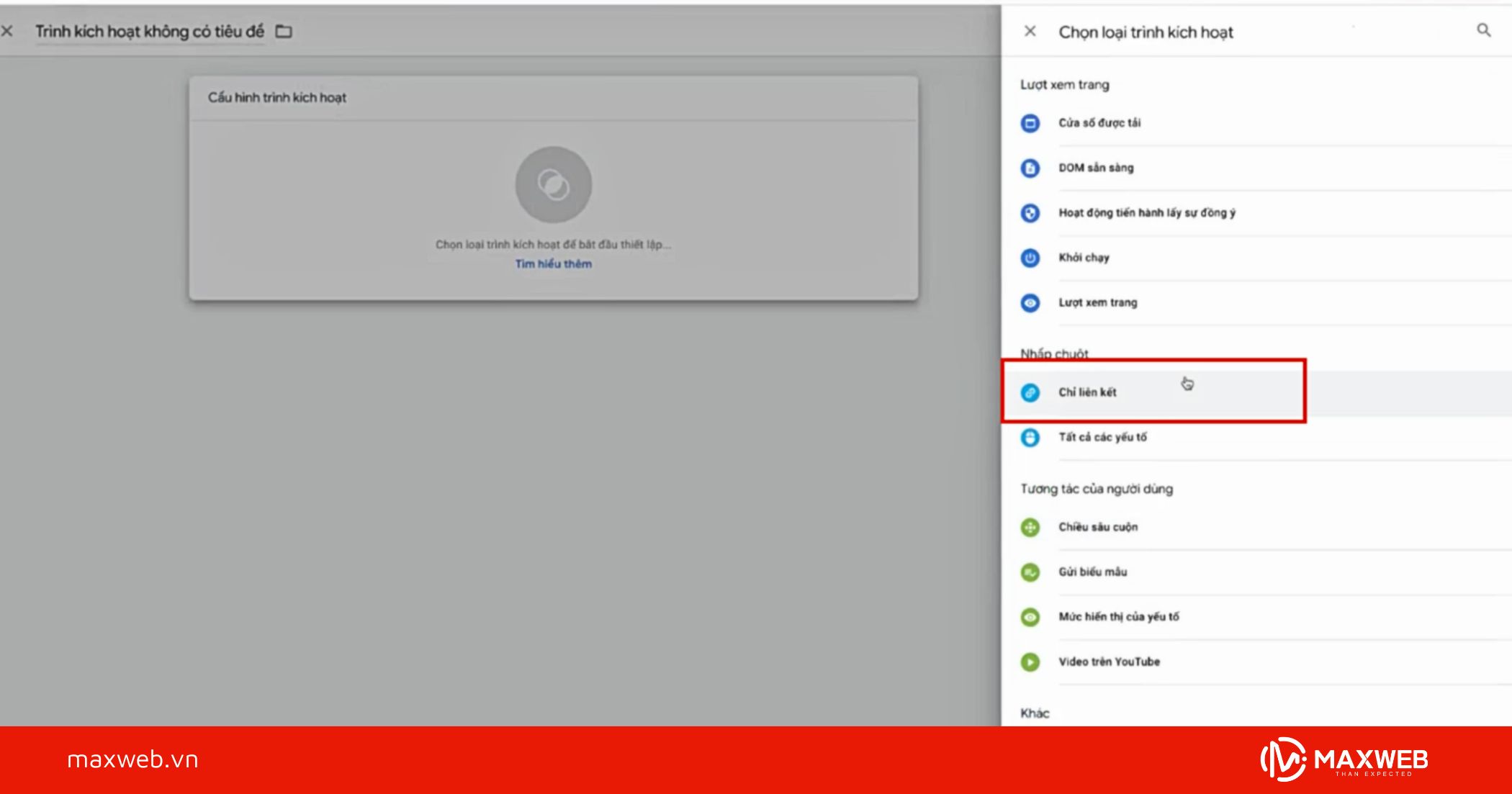 Tạo Trigger mới và chọn loại Chỉ liên kết