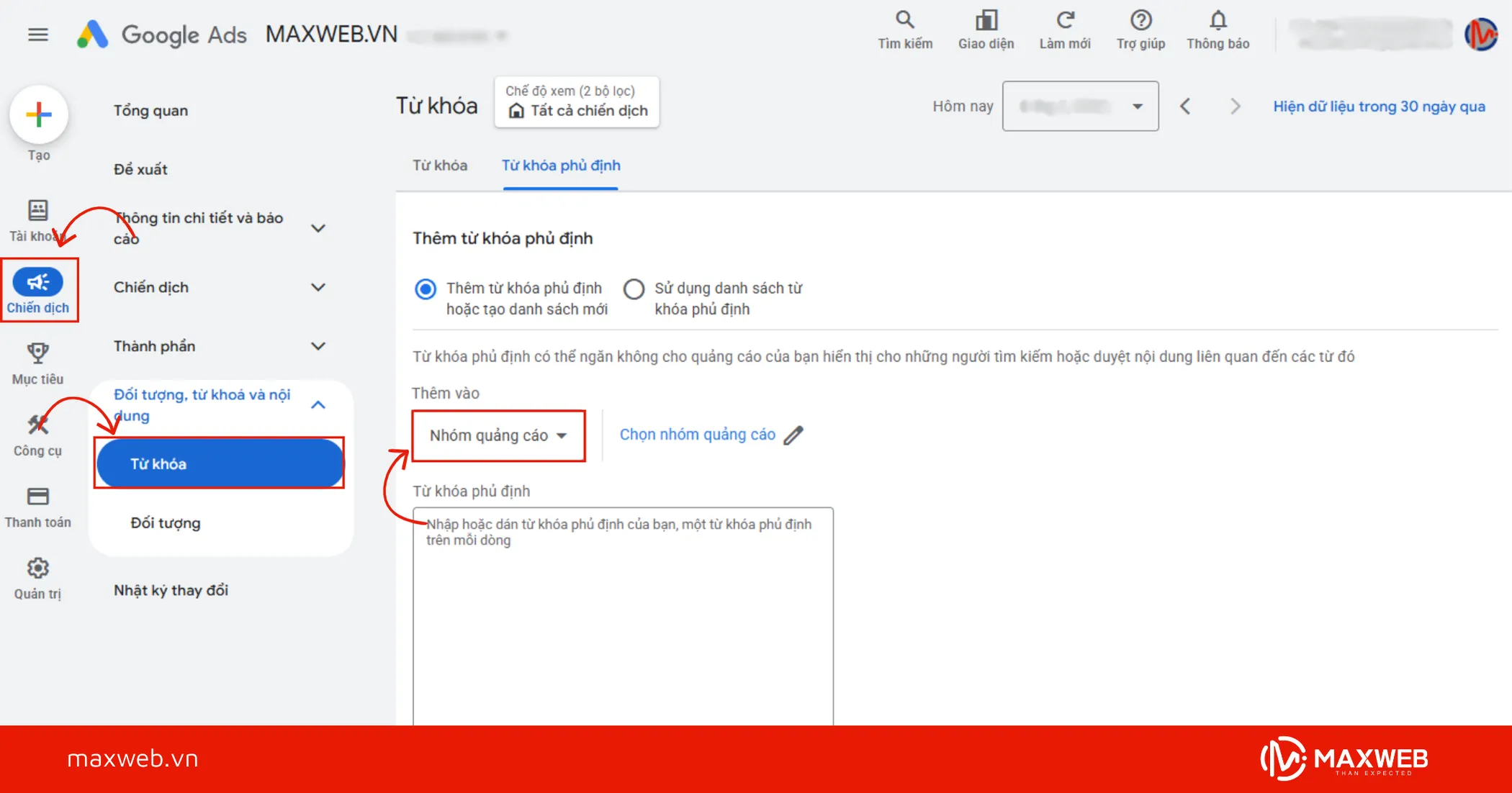 Thêm từ khóa phủ định vào nhóm quảng cáo