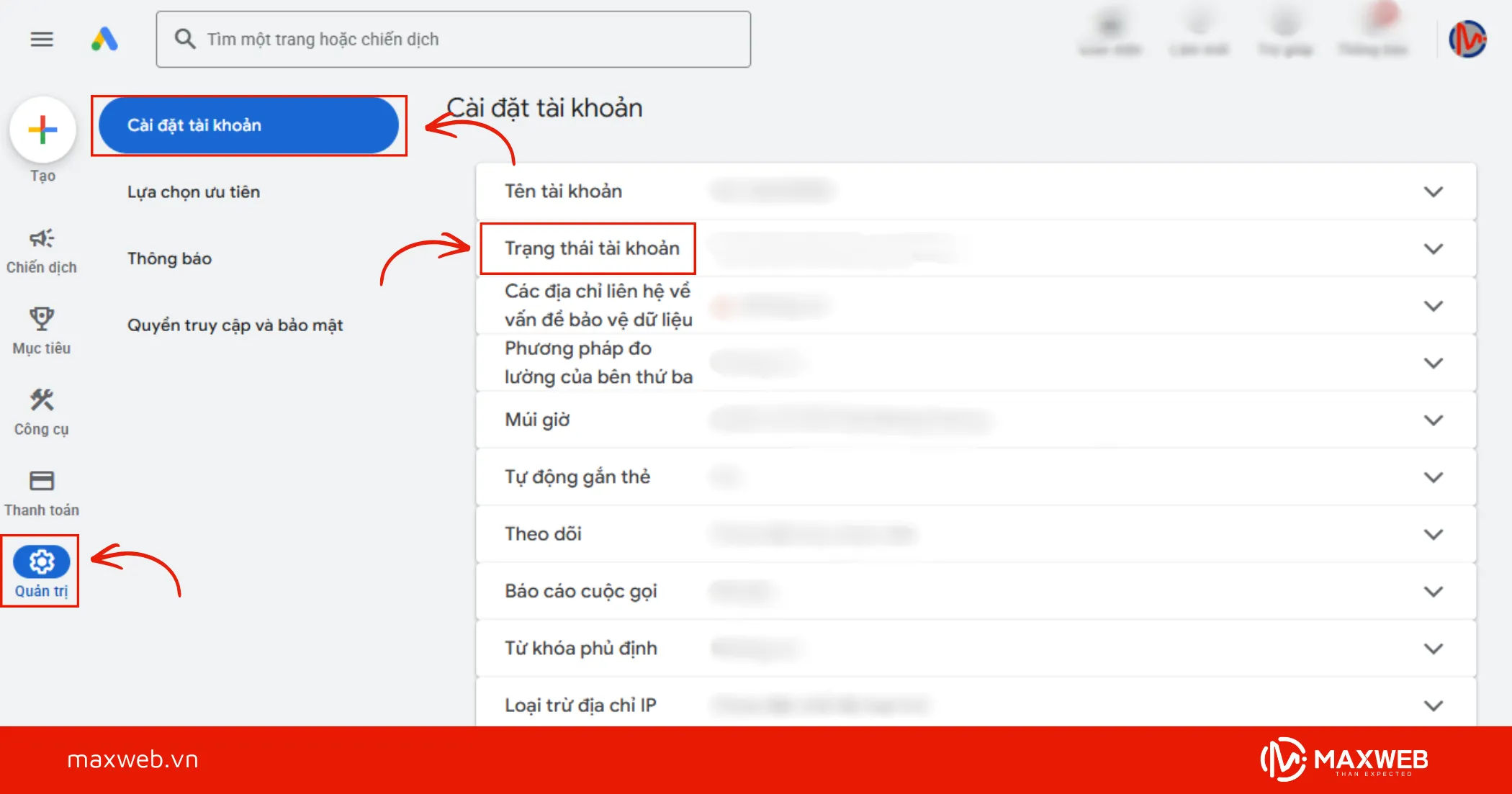 Bước 2: Truy cập mục quản trị tài khoản